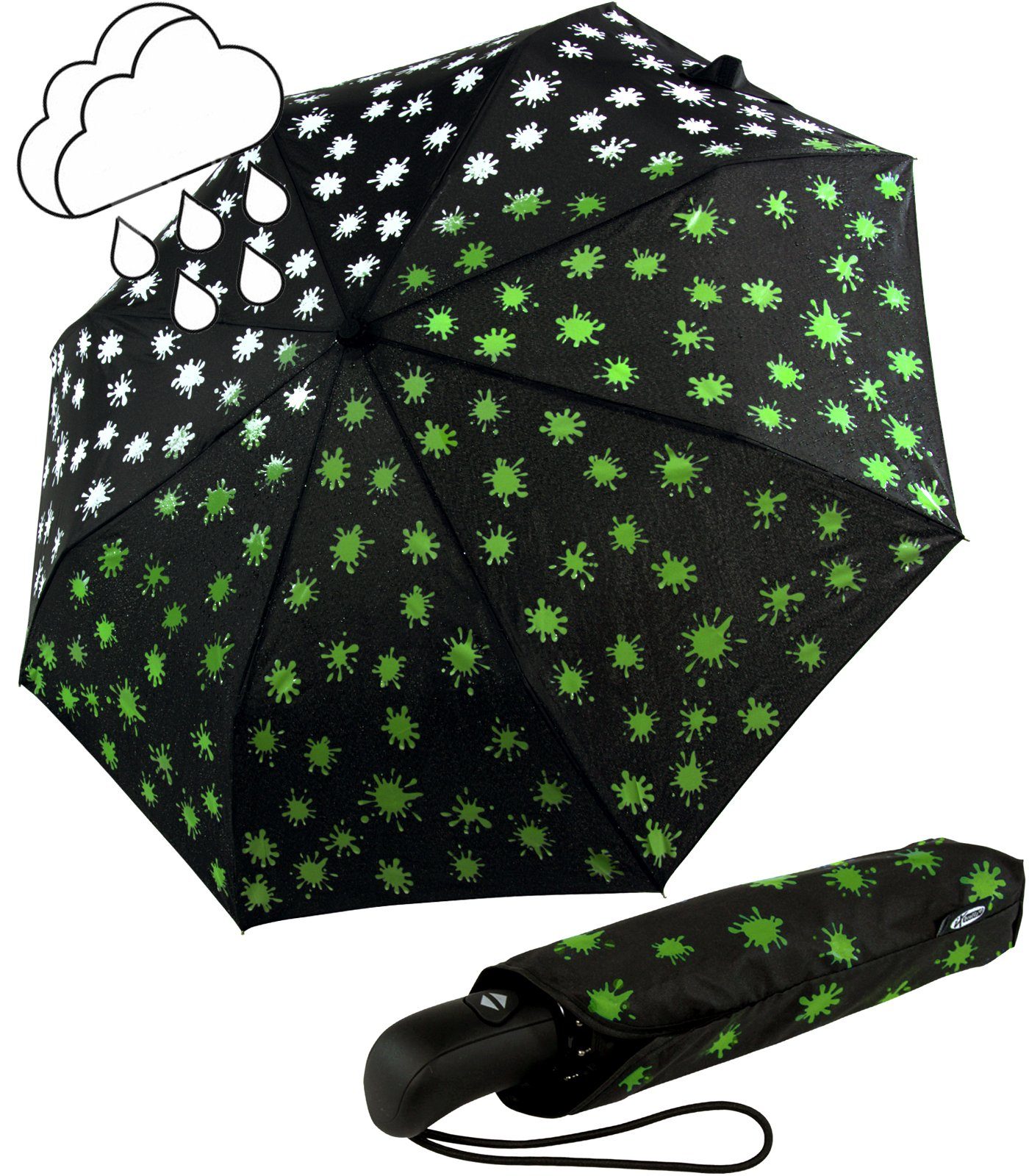 mit Class First Farbkleckse neon-grün - Nässe iX-brella Etui bei Taschenregenschirm sturmfest, Farbänderung - Automatikschirm