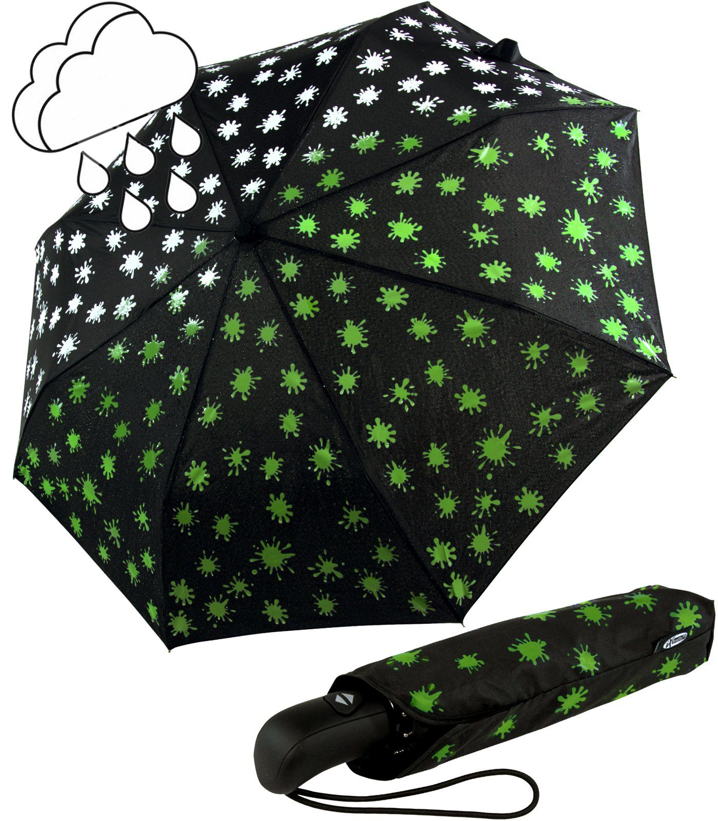 iX-brella Taschenregenschirm First Class Automatikschirm mit Etui -  sturmfest, Farbänderung bei Nässe - Farbkleckse neon-grün