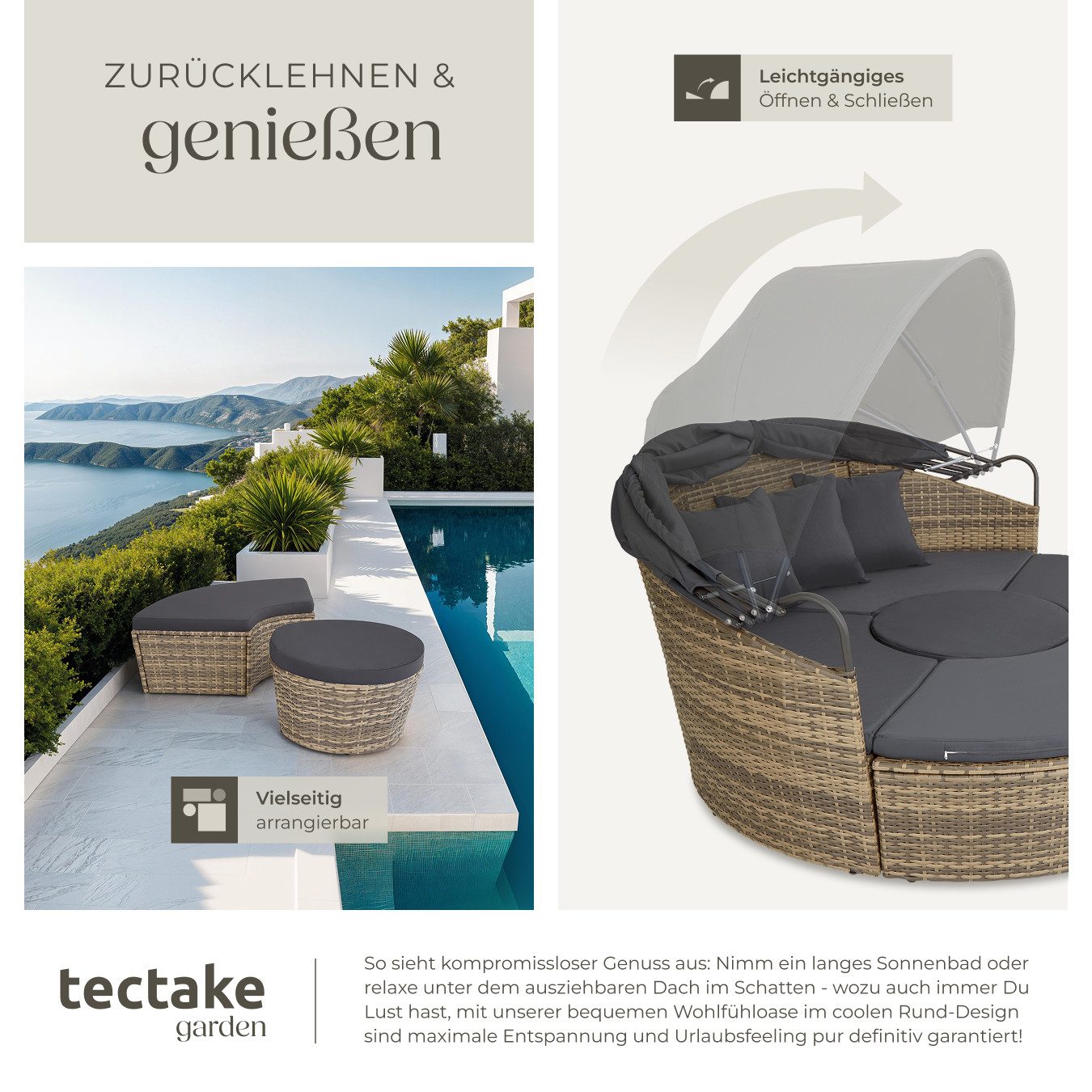 tectake Loungeset Rattan Sonneninsel Santorin - UV-beständig und widerstandsfähig, (Gartenlounge-set Santorin, 5-tlg., geeignet für Outdoor in Natur), klappbare – Bild 4 von 5