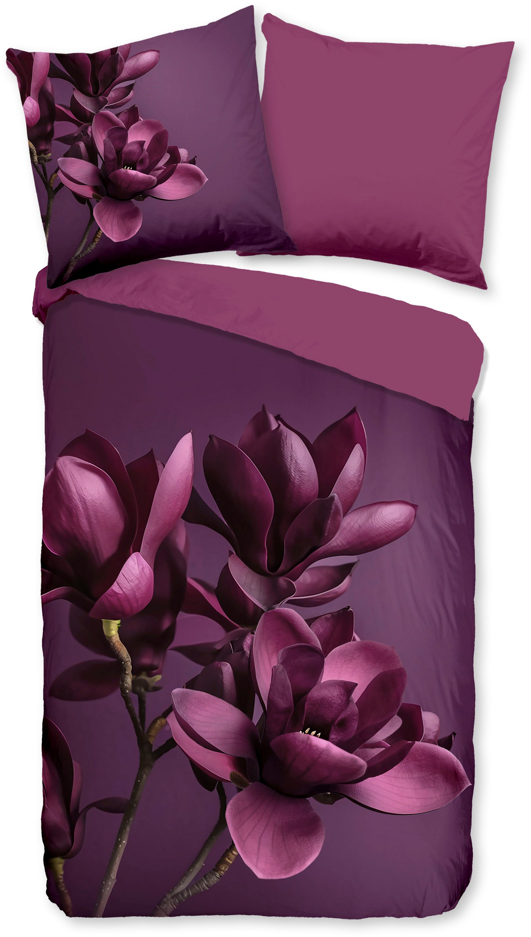 PURE luxury collection Wendebettwäsche Penelope, Microfaser, 2 teilig, Mikrofaser, Pflegeleicht, Reißverschluss, Wende, Blumen, Aubergine