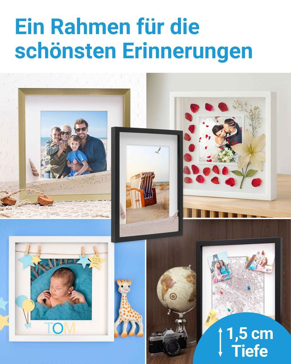 PHOTOLINI Bilderrahmen 3D-Objektrahmen zum Befüllen mit Passepartout und Glasscheibe, für 1 Bilder (1 Einzelrahmen), Rahmen 13x18 cm für Objekte bis 1,5 cm Tief – Bild 5 von 5