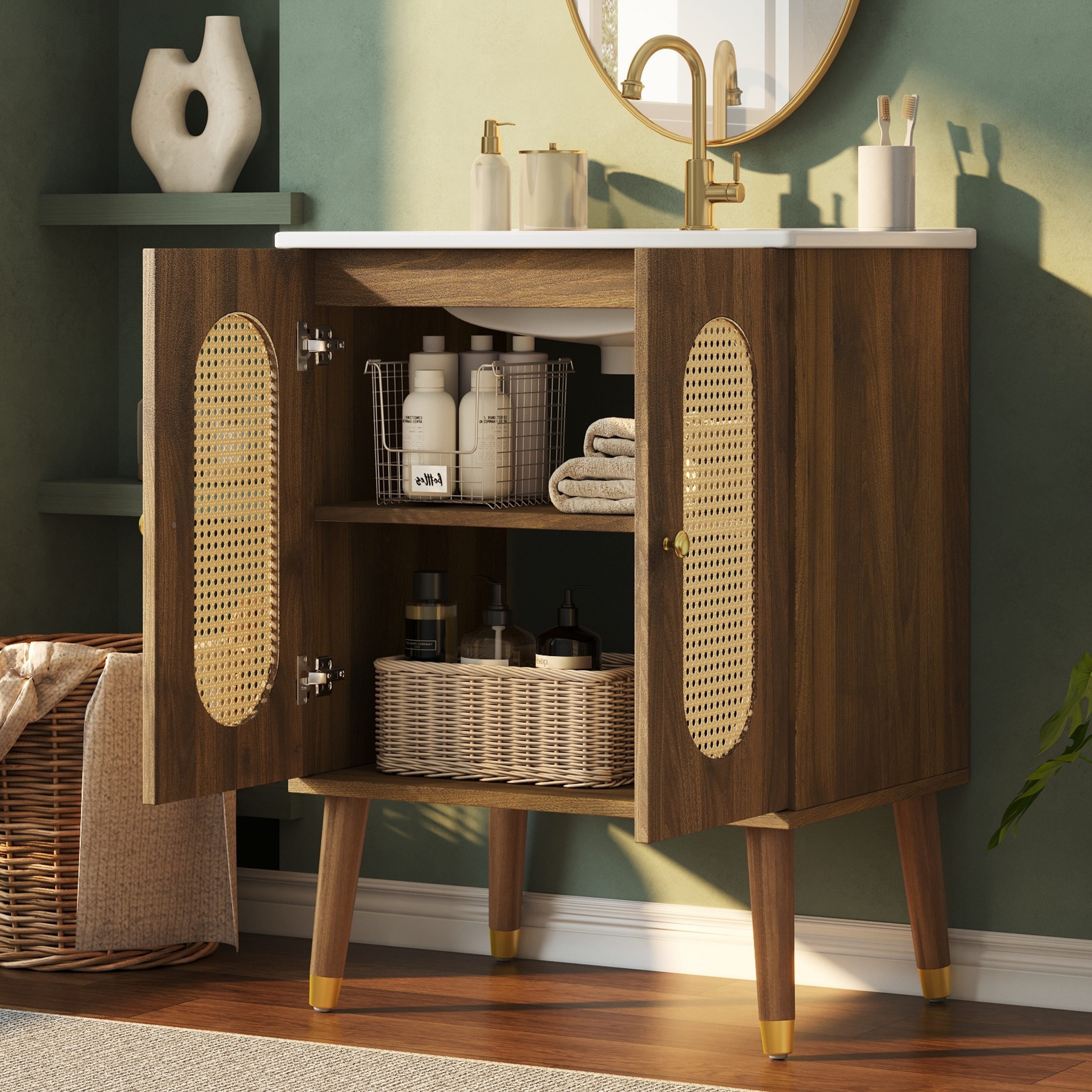 Flieks Waschtisch mit Rattantüren und 2 Fächern, Waschbeckenunterschrank mit Waschbecken (B61/T47/H89 cm, 1-St., bodenstehend, Holzfüßen mit Goldkappen, Landhausstil), Badezimmerschrank mit Keramikbecken Badmöbel Walnussholzfarbe