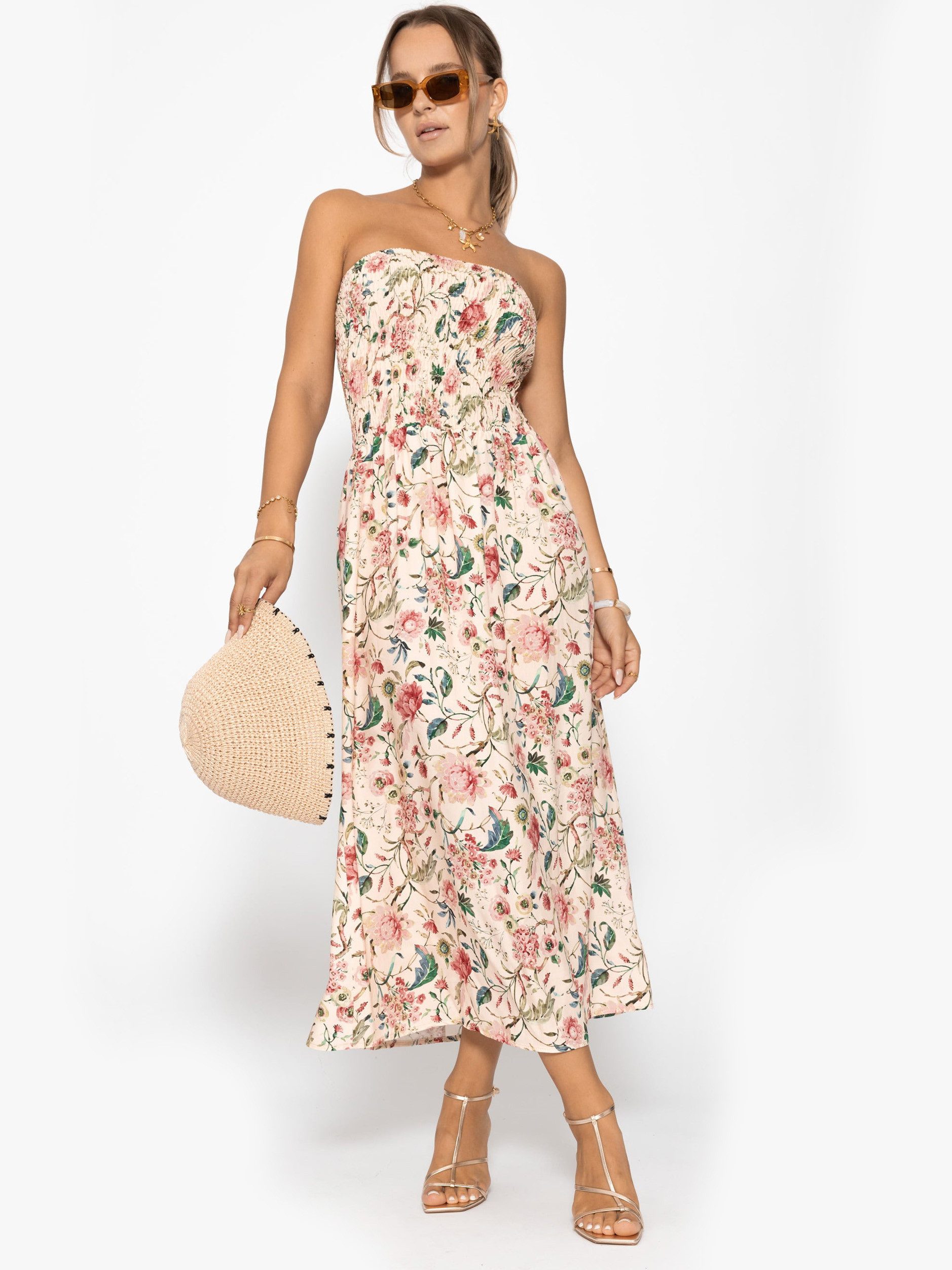 SASSYCLASSY Minikleid Gesmoktes Bandeau-Kleid mit Print Damen trägerloses Midikleid mit gerafftem Bustier jeansblau