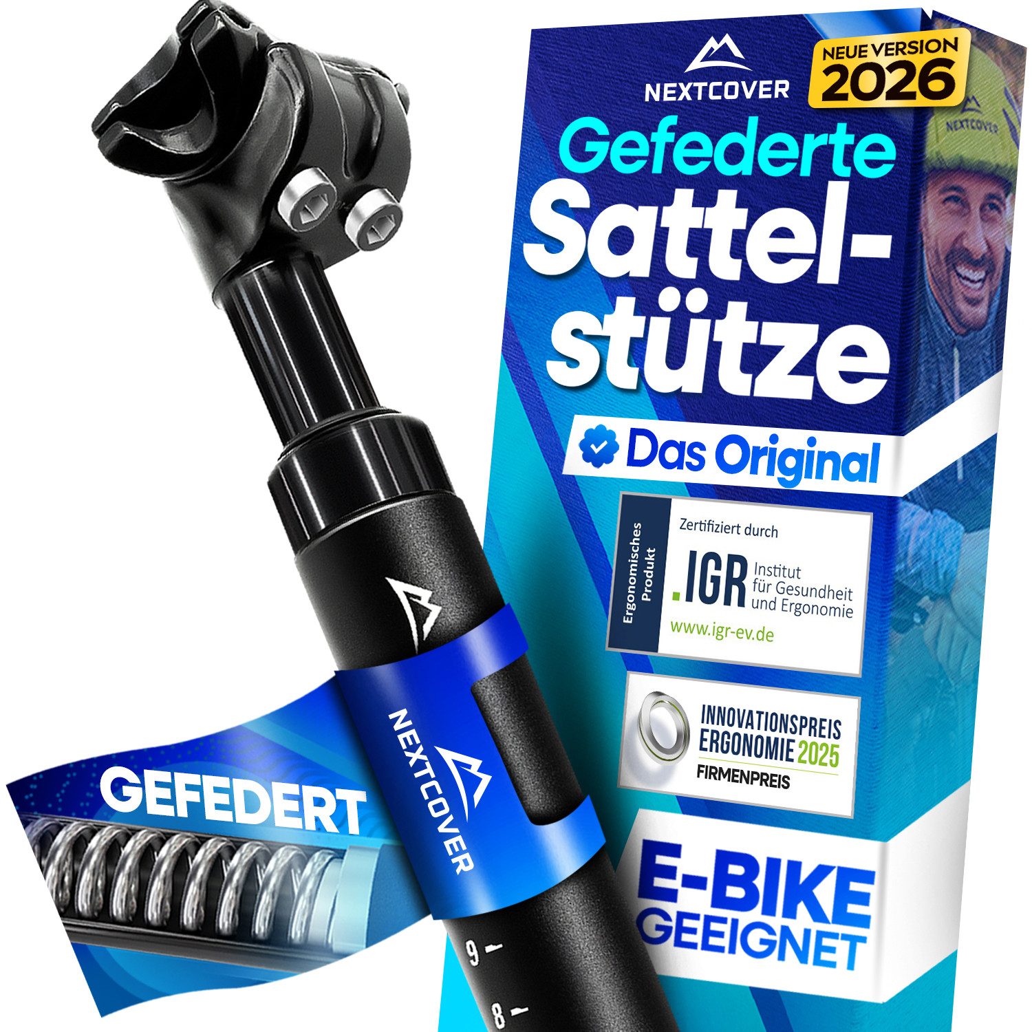 Nextcover Sattelstütze gefedert, Aluminium, für E-Bike, Standard oder Pro, Ø 27,2 bis 34,9 mm