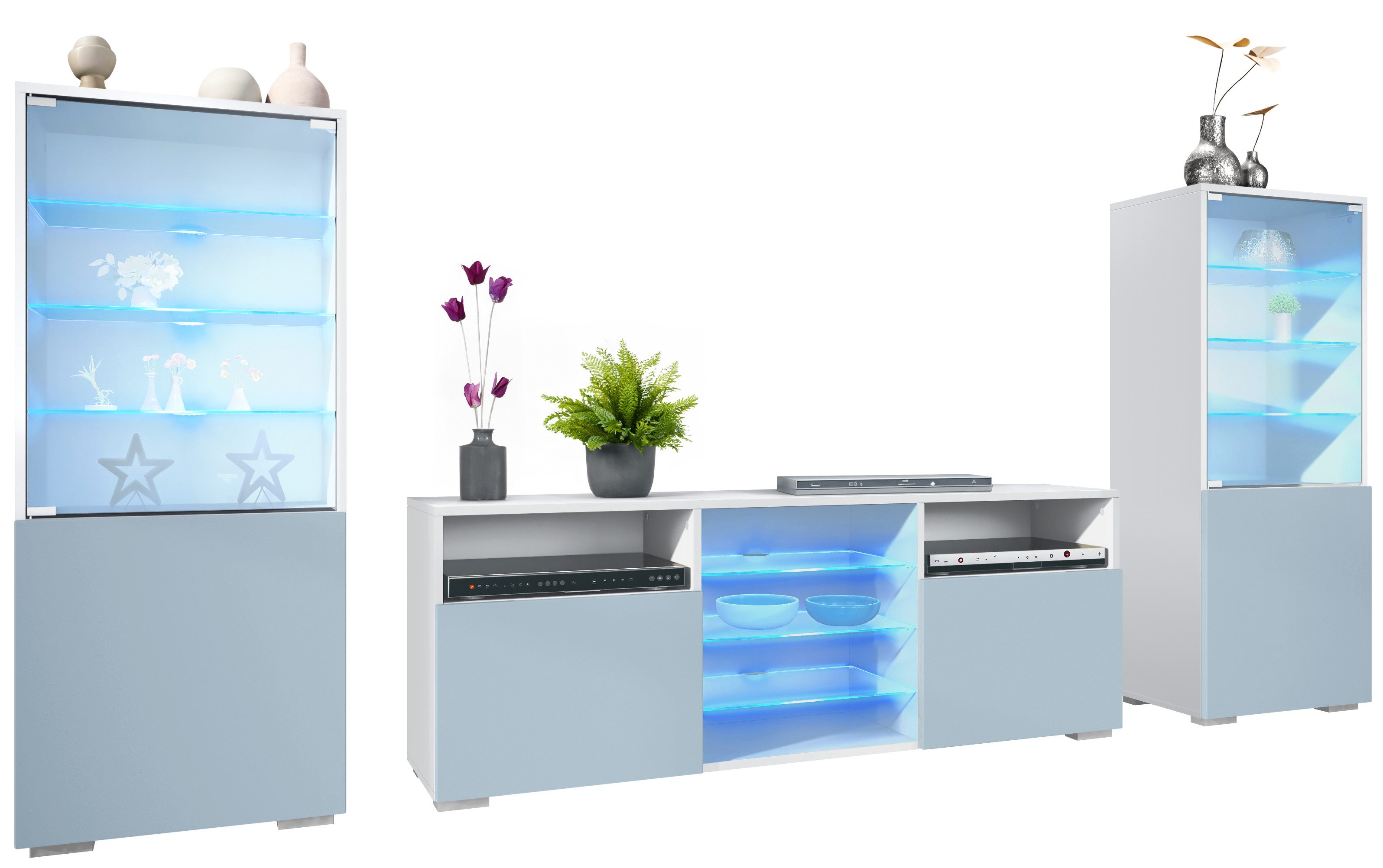 Vladon Wohnwand Granada, (Anbauwand, bestehend aus 2 Vitrinen, 1 TV-Board und LED-Beleuchtung), False/Denim matt (286 x 122,5 x 35 cm)