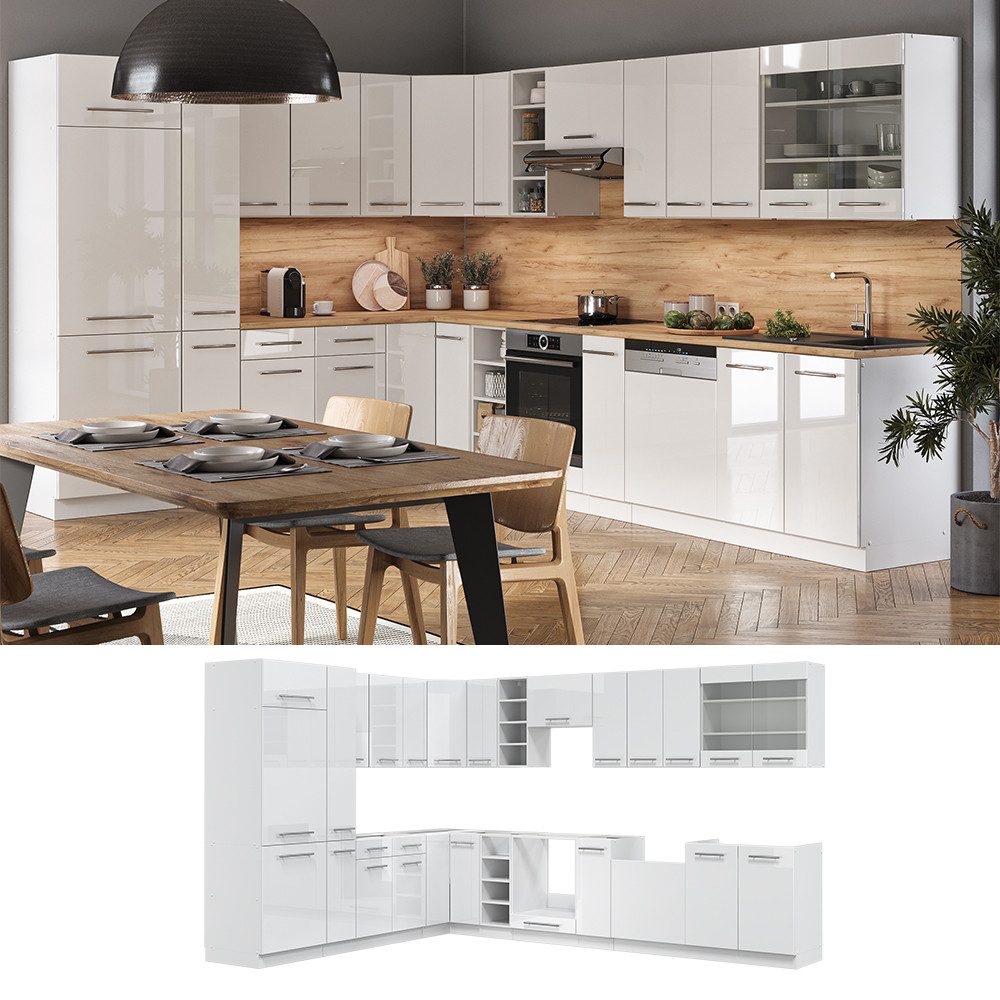 Vicco Winkelküche Fame-Line, Weiß Hochglanz/Weiß, 347 x 257 cm ohne Arbeitsplatte