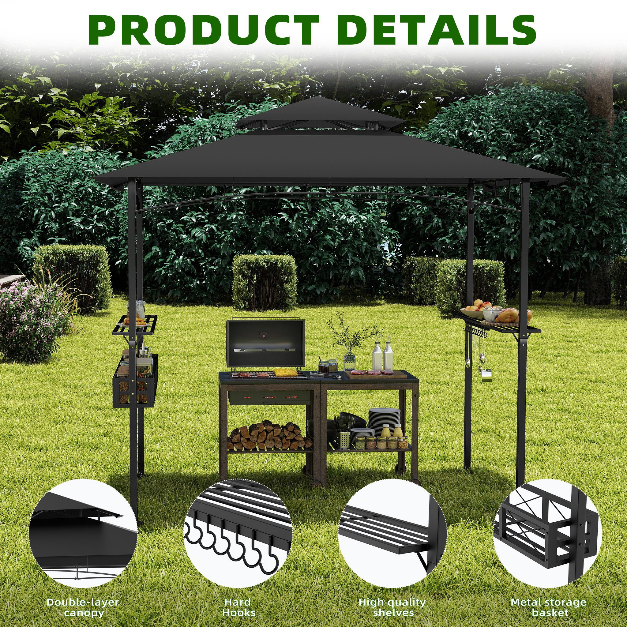 FIVMEN Grillpavillon Grillzelt mit Doppeldach & Ablagen, Schwarz, 2,45 x 1,53 m