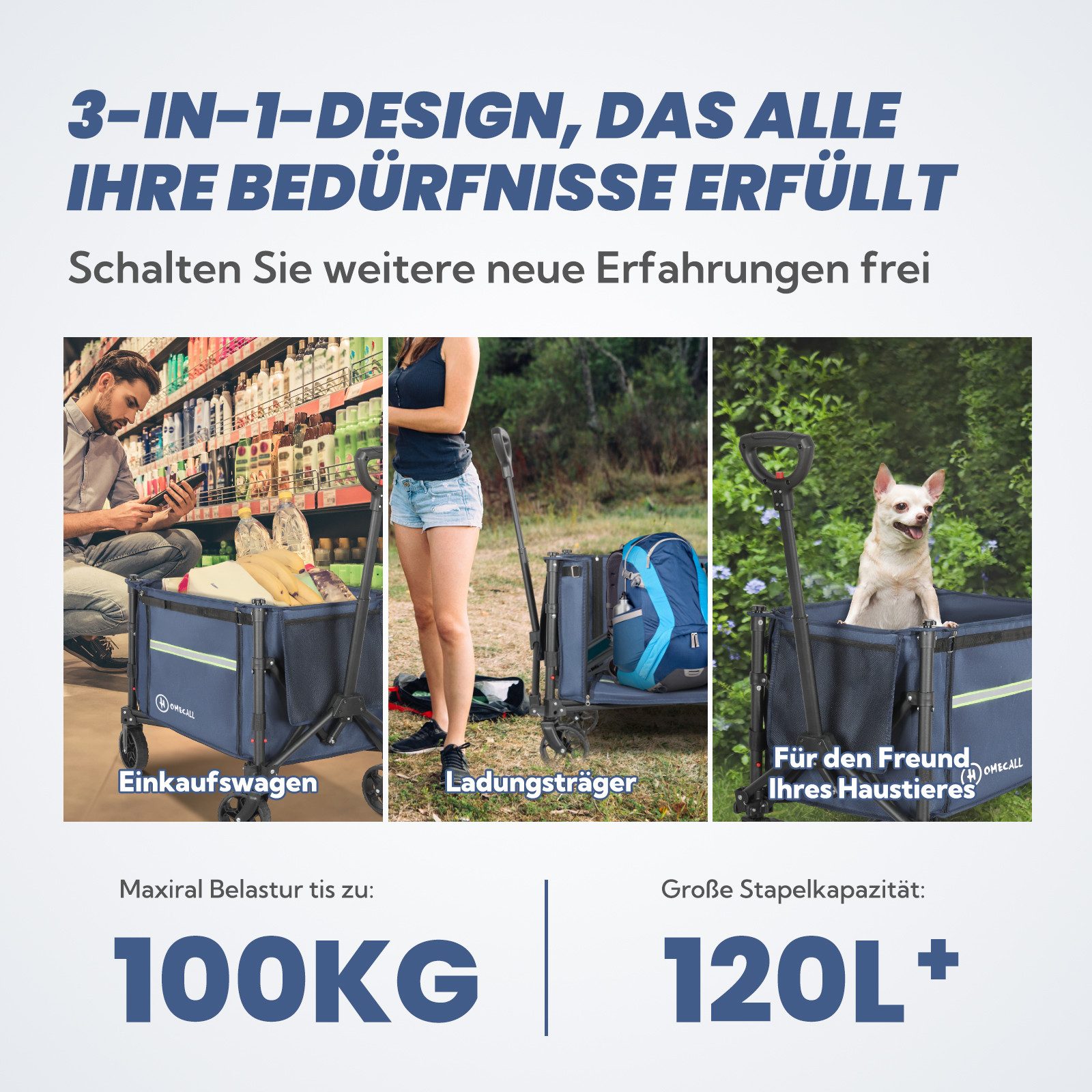 HOMECALL Bollerwagen Faltbar Handwagen Transportwagen klappbar Einkaufstrolley (Erweiterbare Kapazität mit zwei Aufbewahrungstaschen, bis 100KG, 120L, Campingwagen mit Reflektorstreifen), Strandwagen Für Einkaufen, Camping, Garten, Dogs