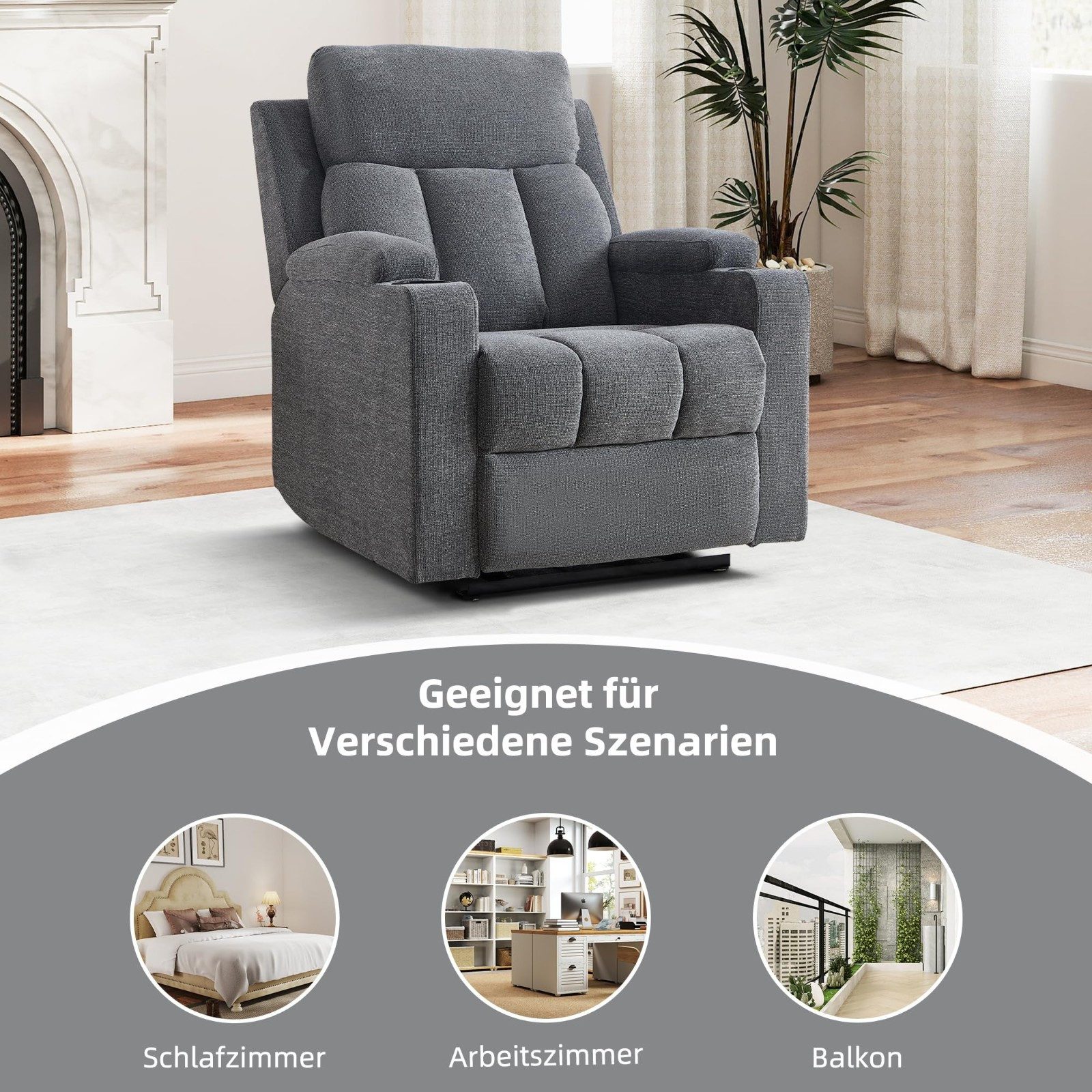 Bonzy Home TV-Sessel Relaxsessel mit Liegefunktion, Fernsehsessel, Wohnzimmer 90 °-160 ° (1-St), Manueller Verstellbarer Relaxsessel mit Fußstütze und Becherhal – Bild 4 von 5