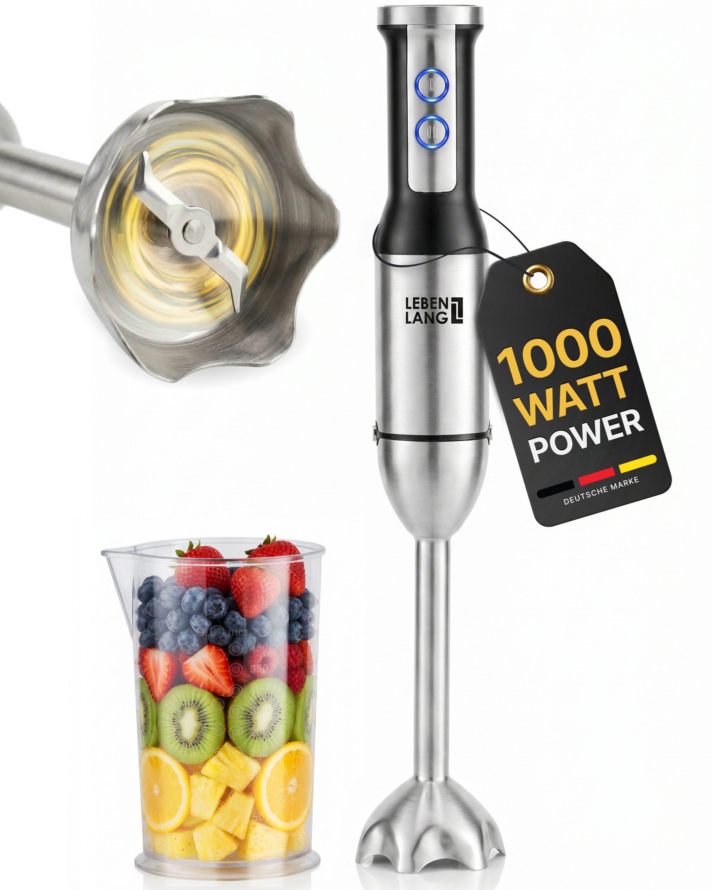 Lebenlang Stabmixer Edelstahl Pürierstab, 1000,00 W, 8 Geschwindigkeitsstufen & Turbo-Modus I Edelstahl I Spritzschutz