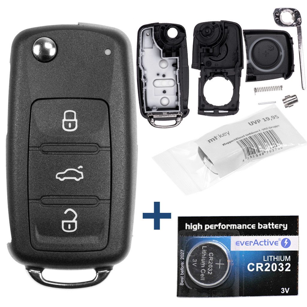 mt-key 3 Tasten Auto Klappschlüssel Reparatur Gehäuse + 1x passende CR2032 Knopfzelle, CR2032 (3 V), für ab BJ. 11/2009 VW UP POLO BEETLE GOLF SEAT IBIZA FABIA OCTAVIA