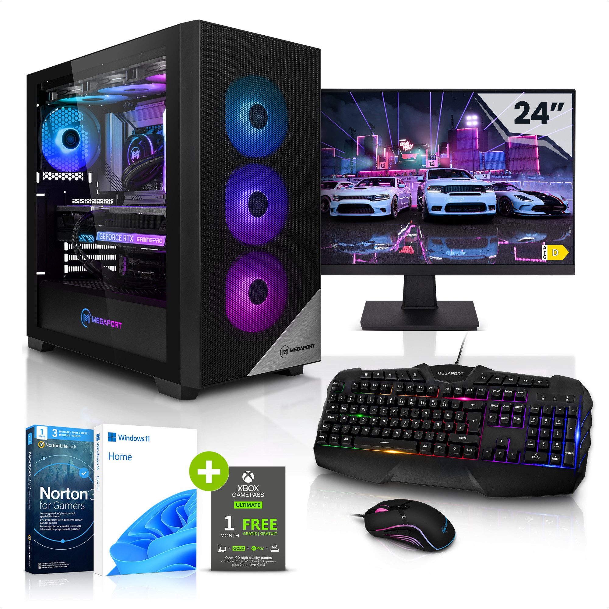 Megaport Gaming-PC-Komplettsystem (24", AMD Ryzen 7 5800X 8x3,80 GHz 5800X, GeForce RTX 4070, 32 GB RAM, 1000 GB SSD, Windows 11, WLAN)