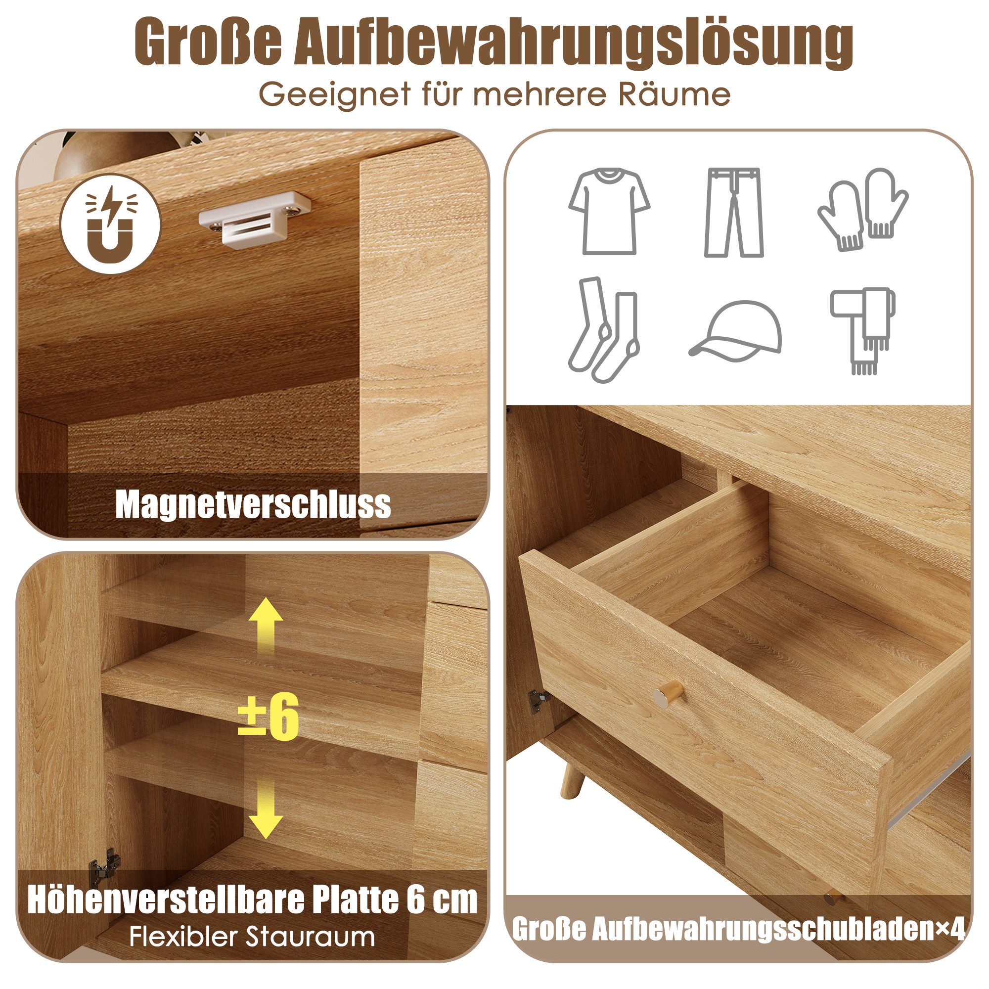 Odikalo Sideboard Kommode mit Schubladen und Rattan Optik (mit 4 Schubladen und 2 Türen Stauraumschrank in Rattan Optik mit verstellbaren Einlegeböden für Wohnz – Bild 4 von 5
