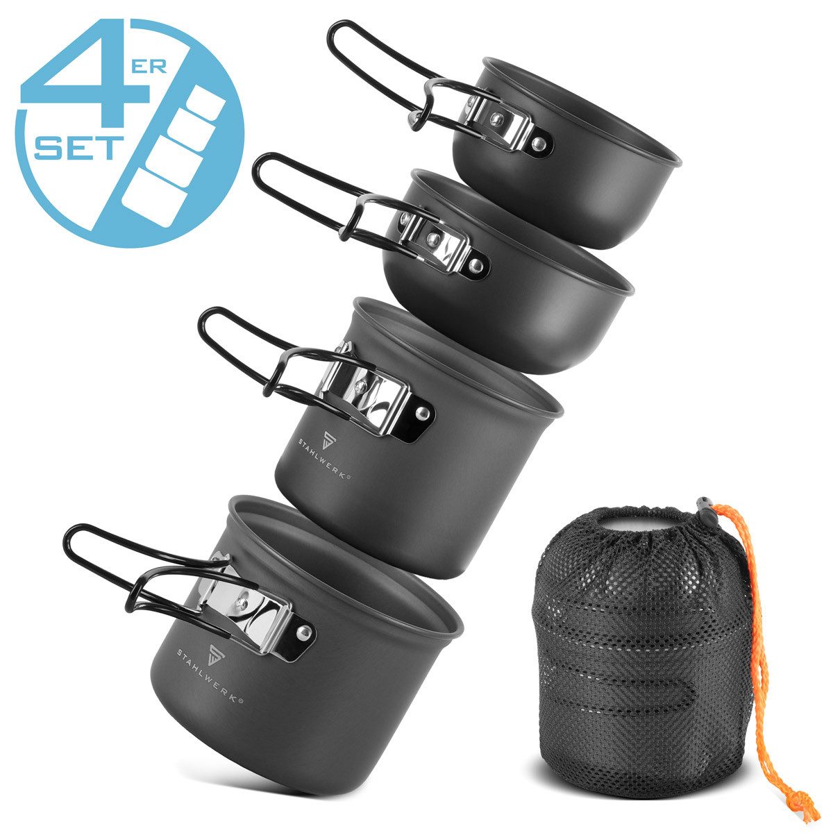 STAHLWERK Gaskocher Camping Kochtopf-Set 4-teilig aus AluminiumOutdoor Kochgeschirr, (4-St), gefertigt aus leichtem Aluminium