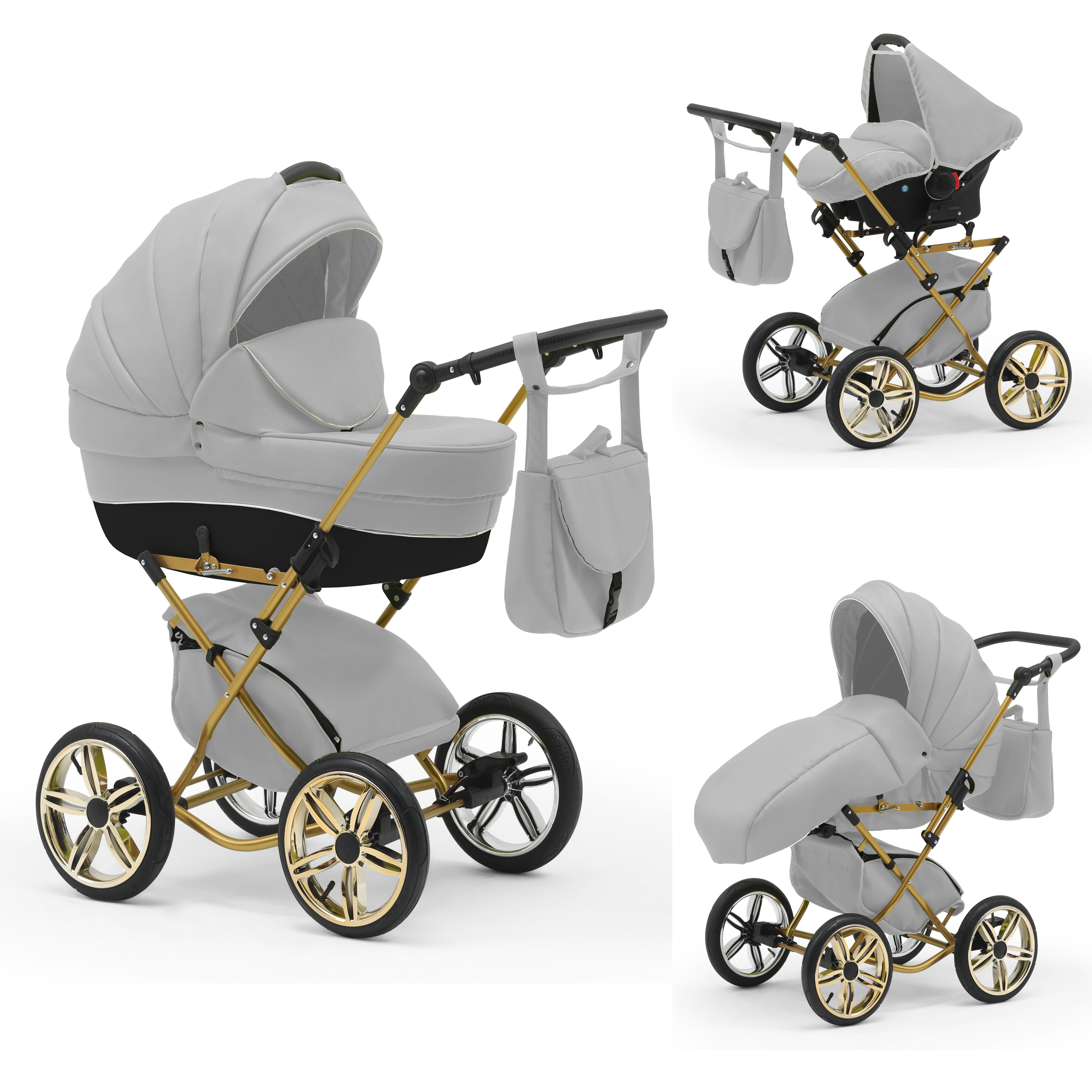 babies-on-wheels Kombi-Kinderwagen Sorento 3 in 1 inkl. Autositz - 13 Teile - in 10 Designs Hellgrau-Schwarz | Kombikinderwagen