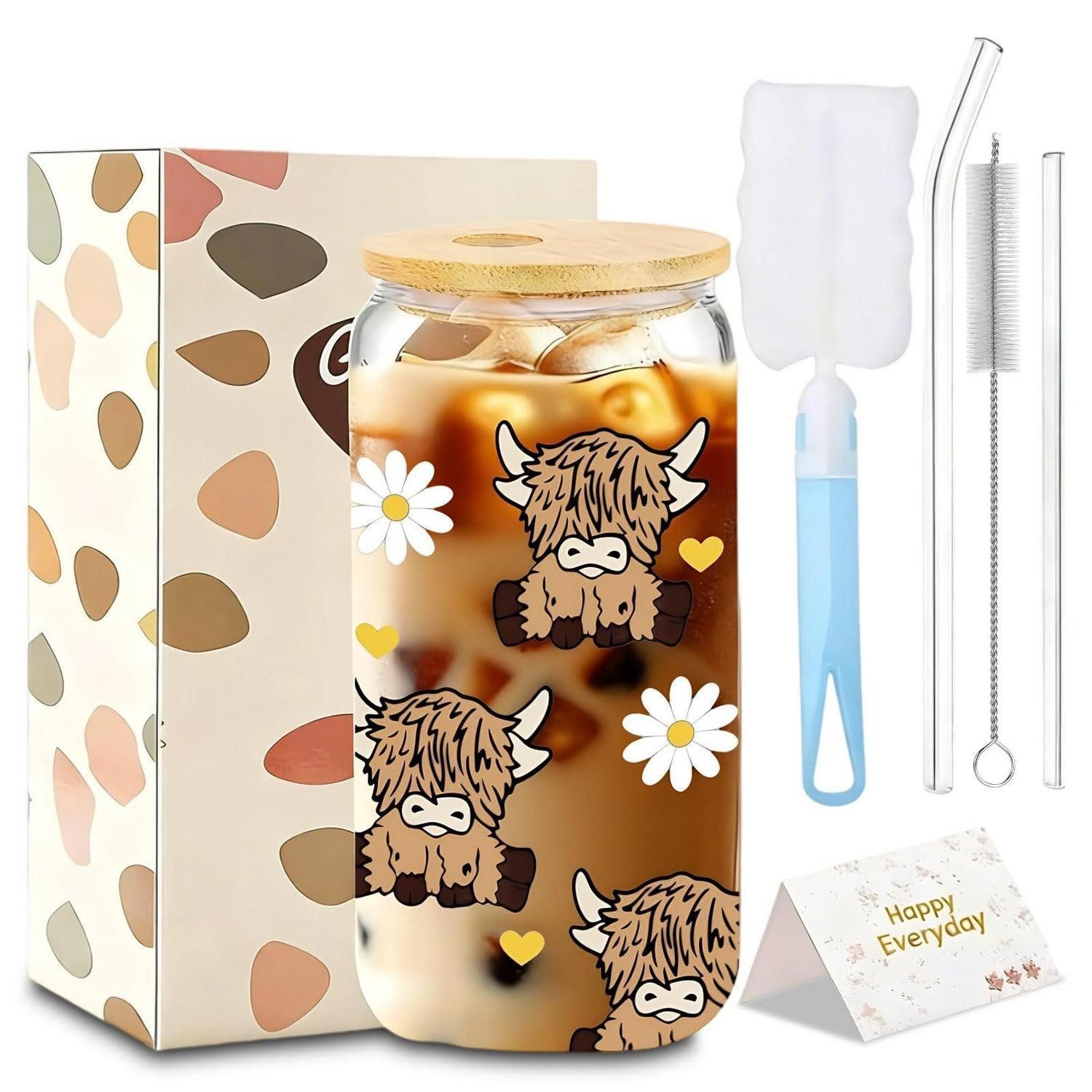 LuxusKollektion Tasse Highland Cow Glas mit Deckel & Stroh 500ml, Glas