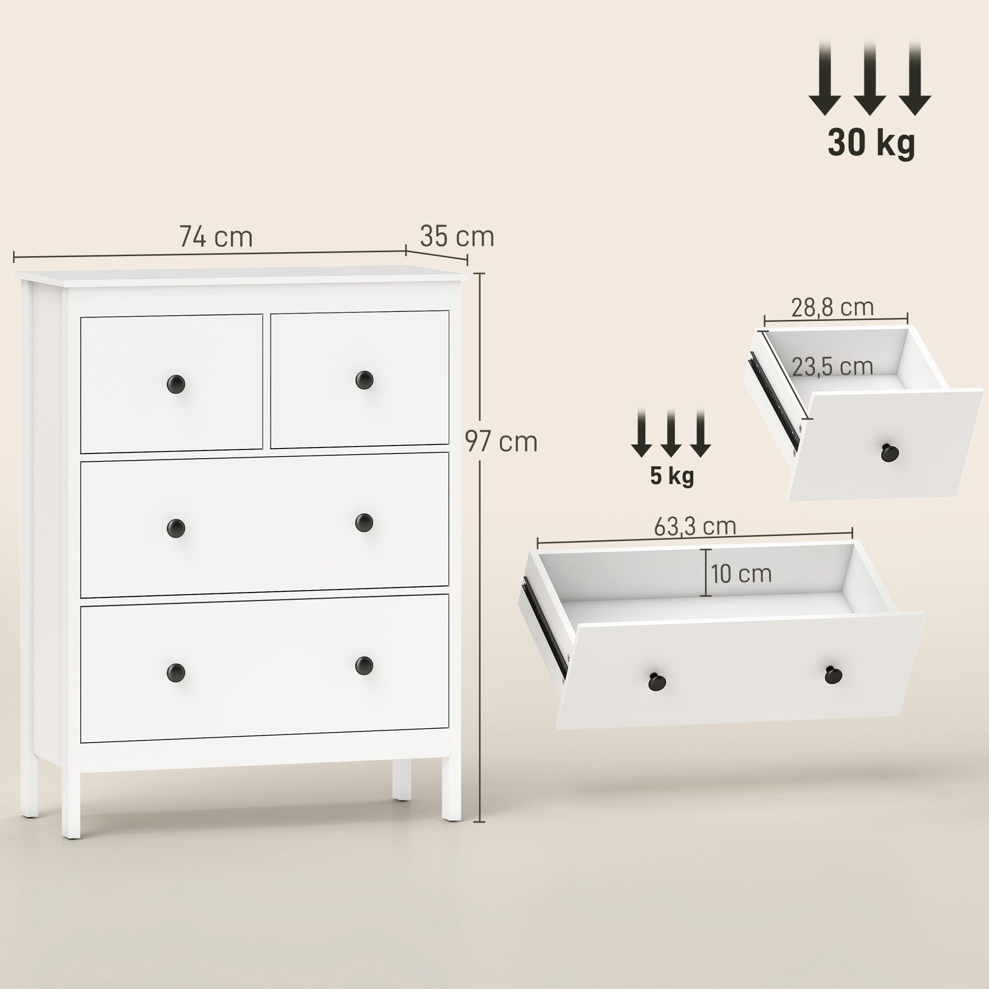HOMCOM Kommode Sideboard mit 4 Schubladen Moderner Aufbewahrungsschrank (Schubladenschrank, 1 St., Sideboard), für Wohnzimmer Schlafzimmer Flur 74 x 35 x 97 cm Weiß