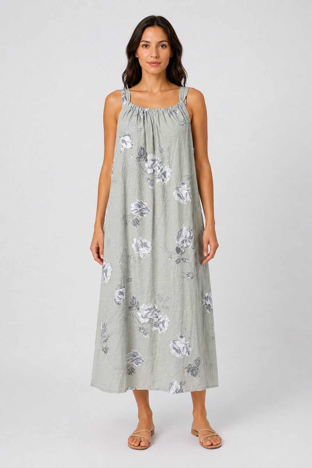 ITALY VIBES Sommerkleid - Maxikleid Leinen Rosenmuster - Lockeres Kleid Damen ONE SIZE - passend für Größen M bis XL