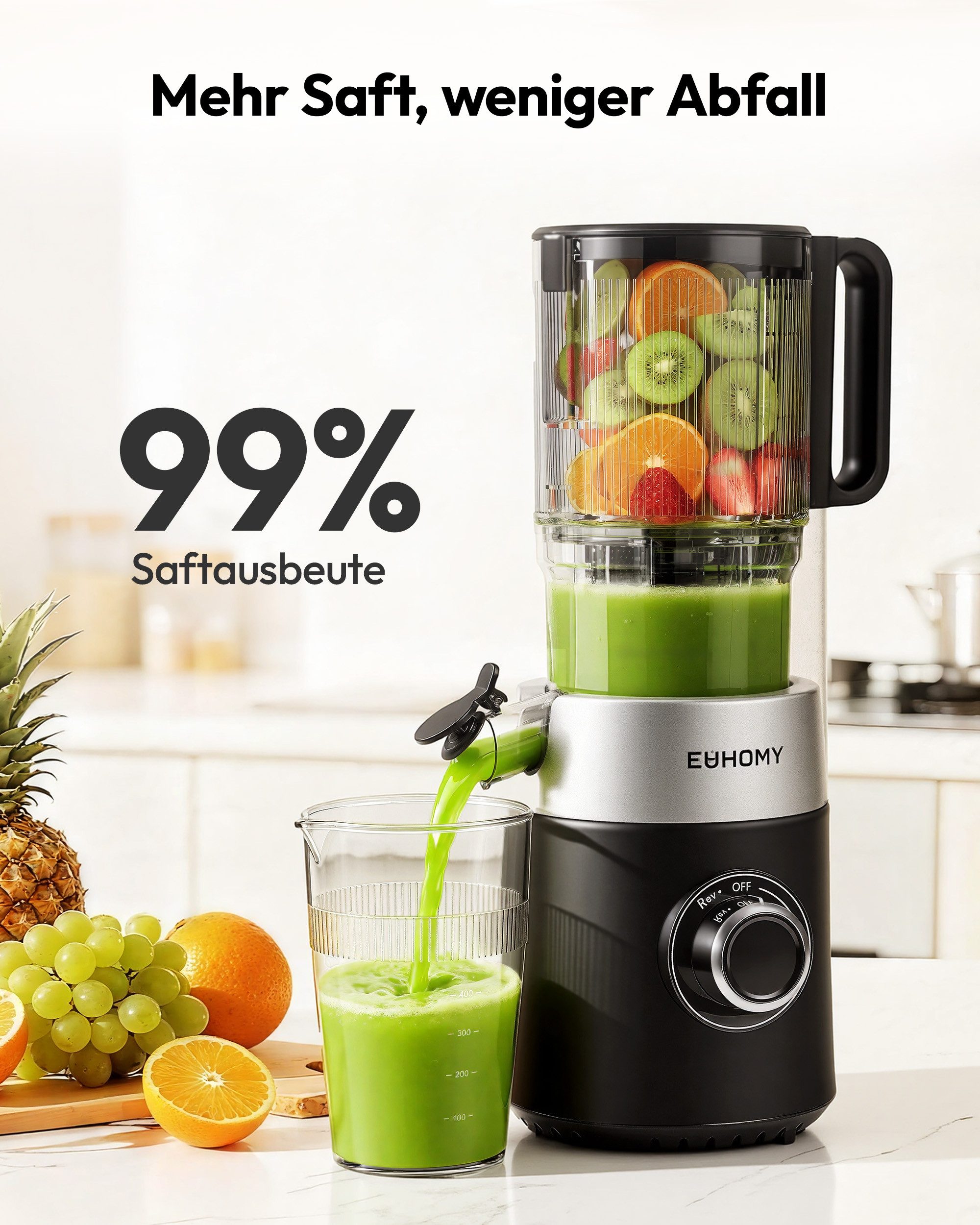 EUHOMY Slow Juicer mit 135MM Breite und Größere Fütterungsröhre, 220 W, für Ganze Gemüse Obst - Leicht zu Reinigender Entsafter mit 2 Gläsern