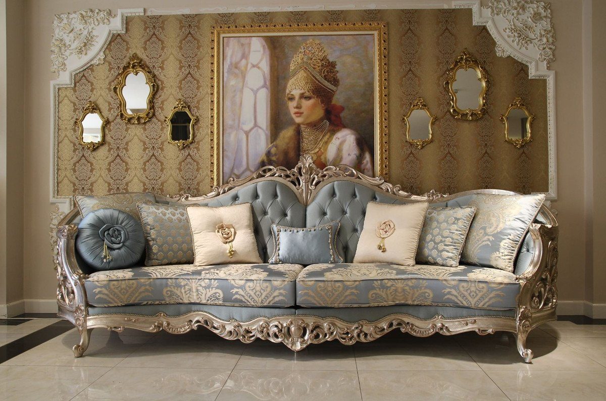 Casa Padrino Sofa Luxus Barock Wohnzimmer Sofa Hellblau / Beige / Silber  295 x 95 x H. 115 cm - Prunkvolles Sofa im Barockstil - Edle Barock  Wohnzimmer Möbel