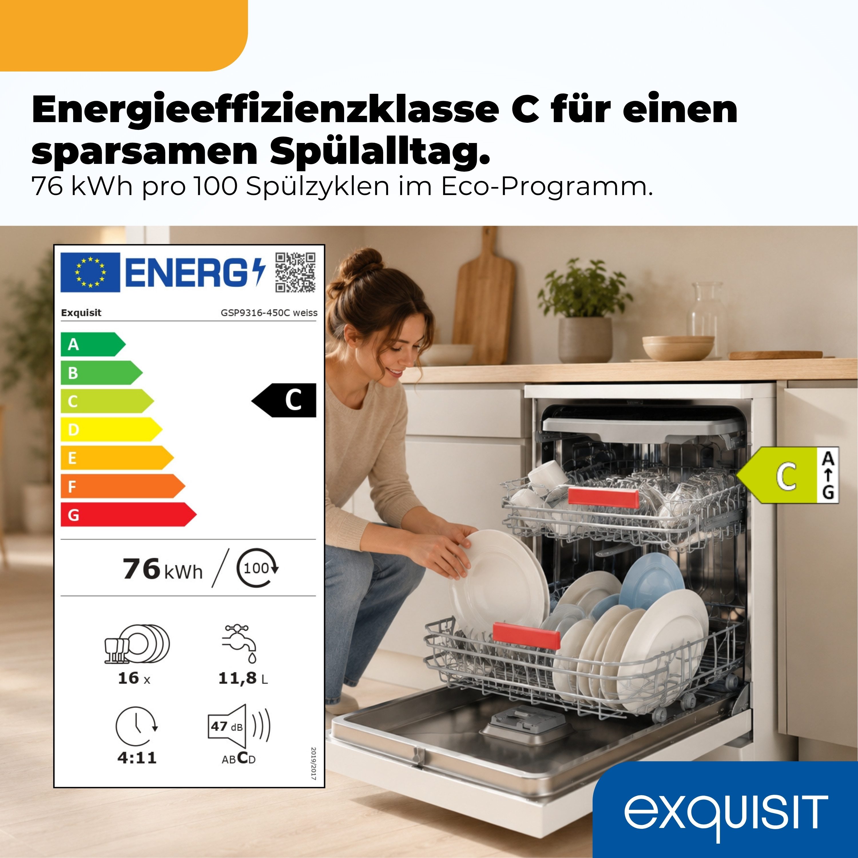 exquisit Standgeschirrspüler 9316 GSP9316-450C weiss, 10,9 l, 16 Maßgedecke