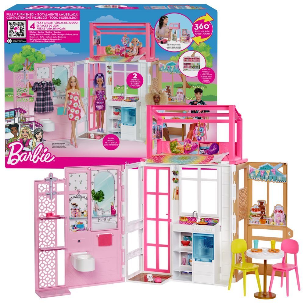 Barbie Puppenhausmöbel 2 Etagen Haus Barbie Mattel mit Möbeln, Zubehör und  Hündchen