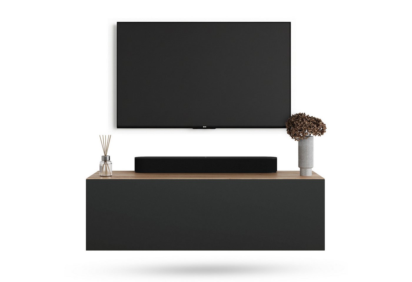 Planetmöbel TV-Schrank West TV-Board, Fernsehtisch 100 cm lang, TV-Lowboard (für Fernseher bis 55 Zoll, TV Schrank viel Stauraum, 1-St., sideboard hängend, Fernsehschrank 100 x 30 x 37,5 cm) gold eiche - anthrazit