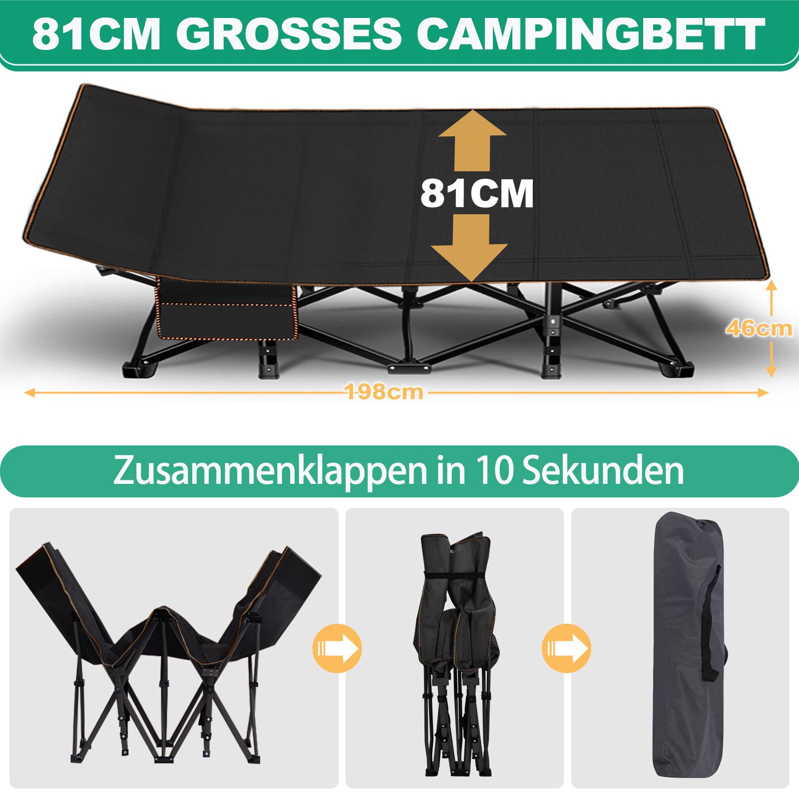 Meulbaty Klappbett Klappbar Feldbett, Campingbett für Camping mit Auflage & Seitentasche (2.3-3cm Matratze) mit Stahlrahmen, Oxford-Stoff Liegefläche und abehmb – Bild 4 von 5