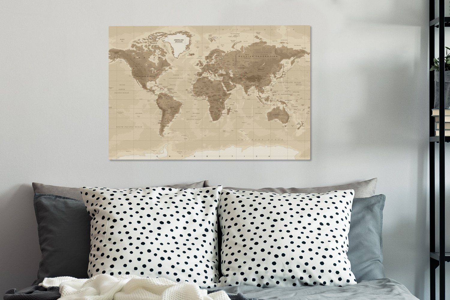 OneMillionCanvasses® Leinwandbild Weltkarte - Vintage - Braun, Fotodruck (1 St), Wandbilder Wohnzimmer Schlafzimmer 90x60 cm