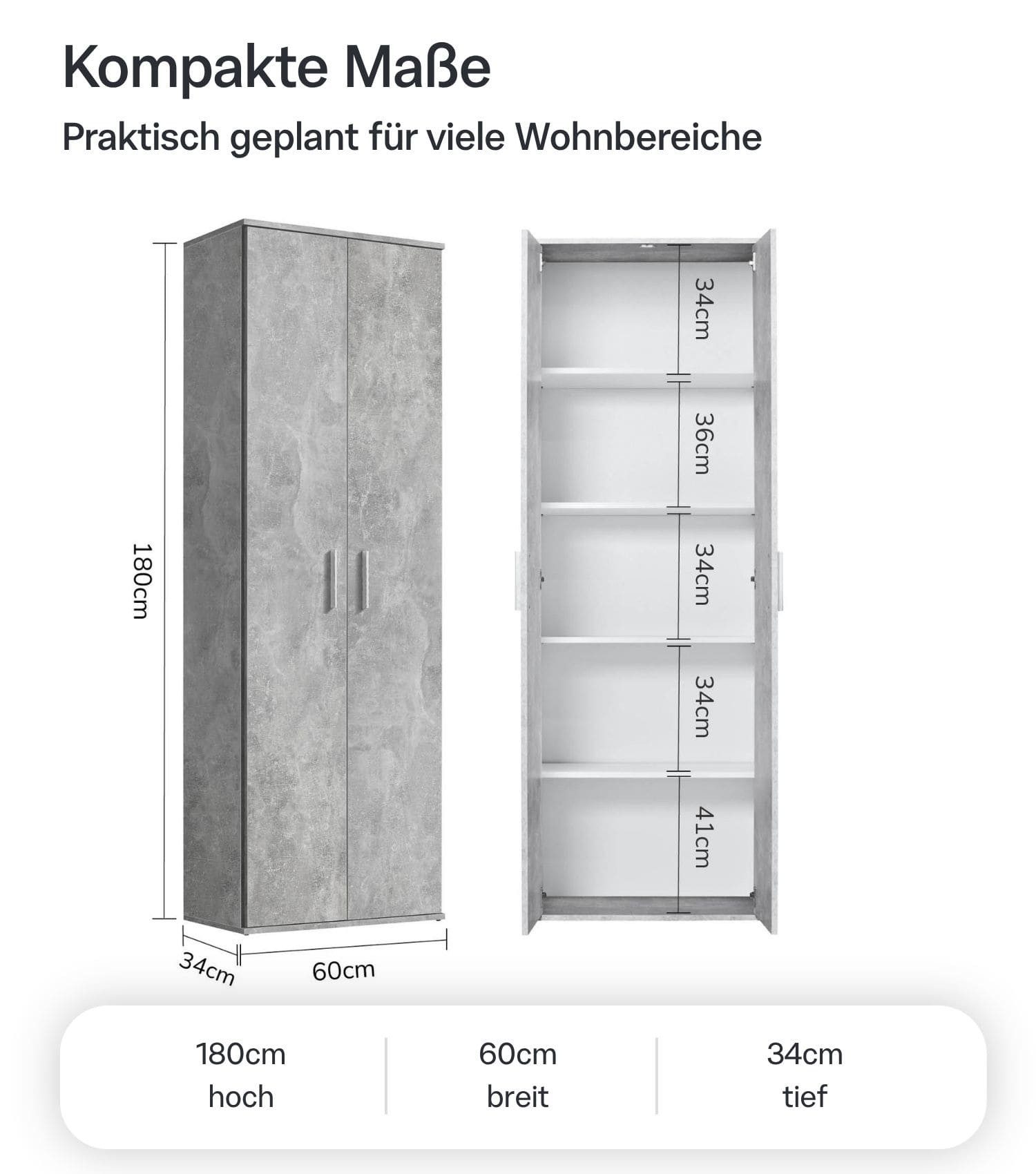 mokebo Mehrzweckschrank Der Lange (60x180 cm, mit 4 Einlegeböden) Made in Germany, Aktenschrank, Flurschrank, Schuhschrank in Grau – Bild 4 von 5