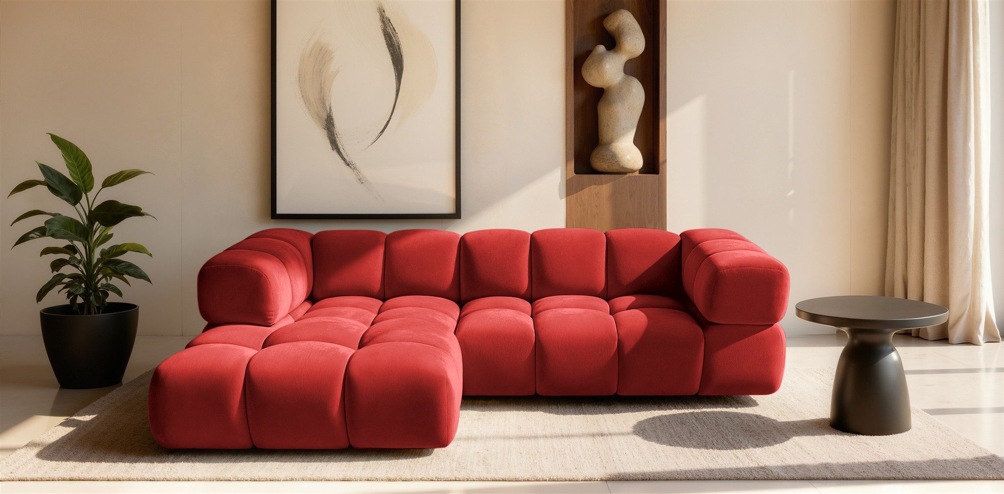 Fun Möbel Ecksofa Designersofa BLANCHE in Stoff Bluvel oder Puente, Ottomane Links oder Rechts, Rundumbezug