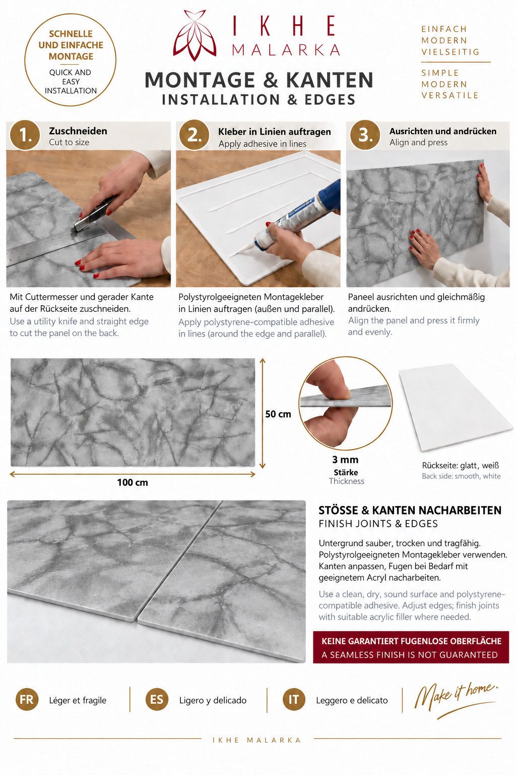 IKHEMalarka 3D Wandpaneel Betonoptik Marmor Ziegel aus Polystyrol Styropor XPS, BxL: 50,00x100,00 cm, 0,50 qm, (1 Stück, 0,5m) Deckenpaneelen - 3mm dick - 100x5 – Bild 2 von 5