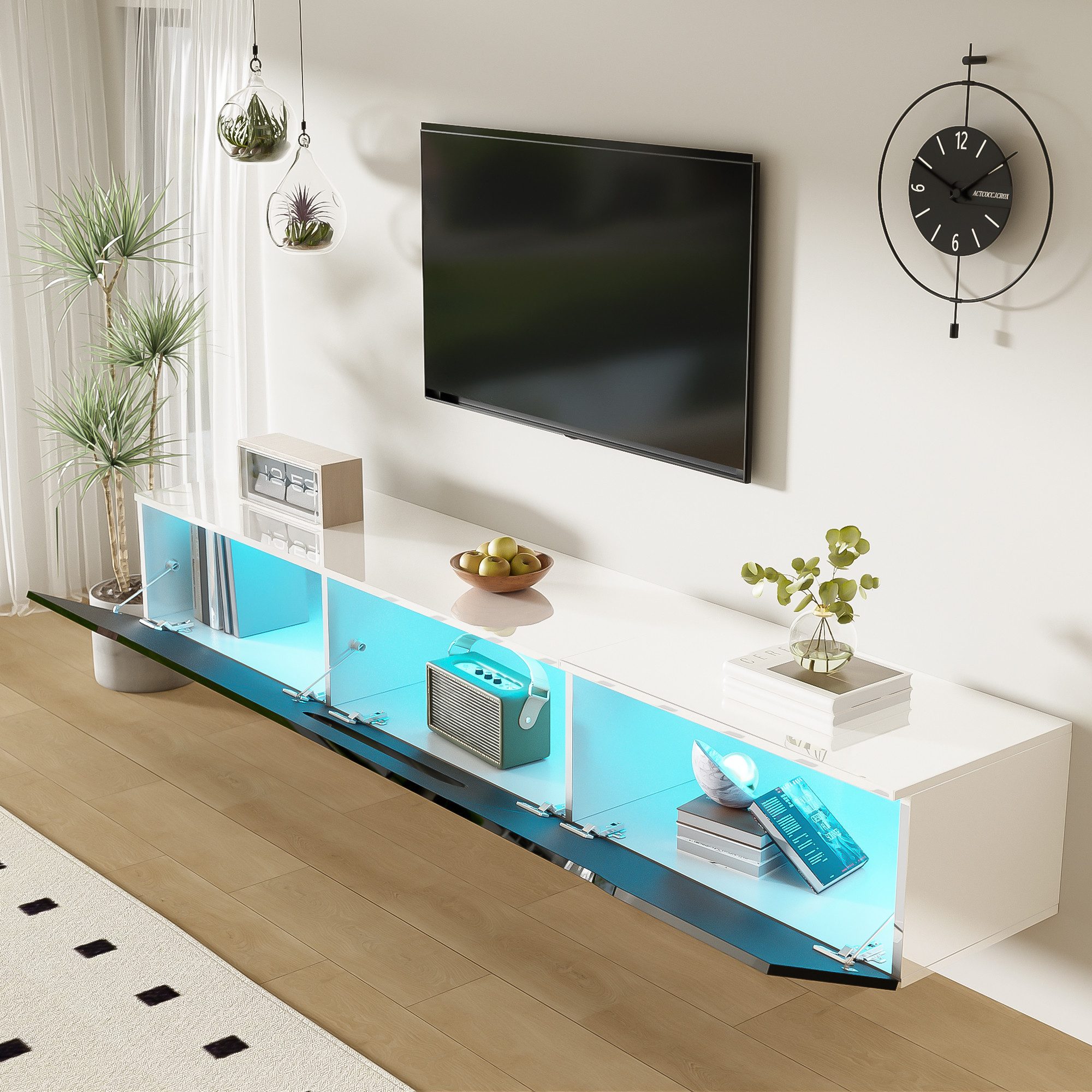 MODFU Lowboard mit gedämpften Scharnieren (Fernsehtisch,TV-Board,TV-Ständer, TV-Panel, TV-Glasschrank, 1 St., wandmontierbar oder bodenmontierbar), Hochglanzoberfläche, mit 16-farbiger LED-Beleuchtung