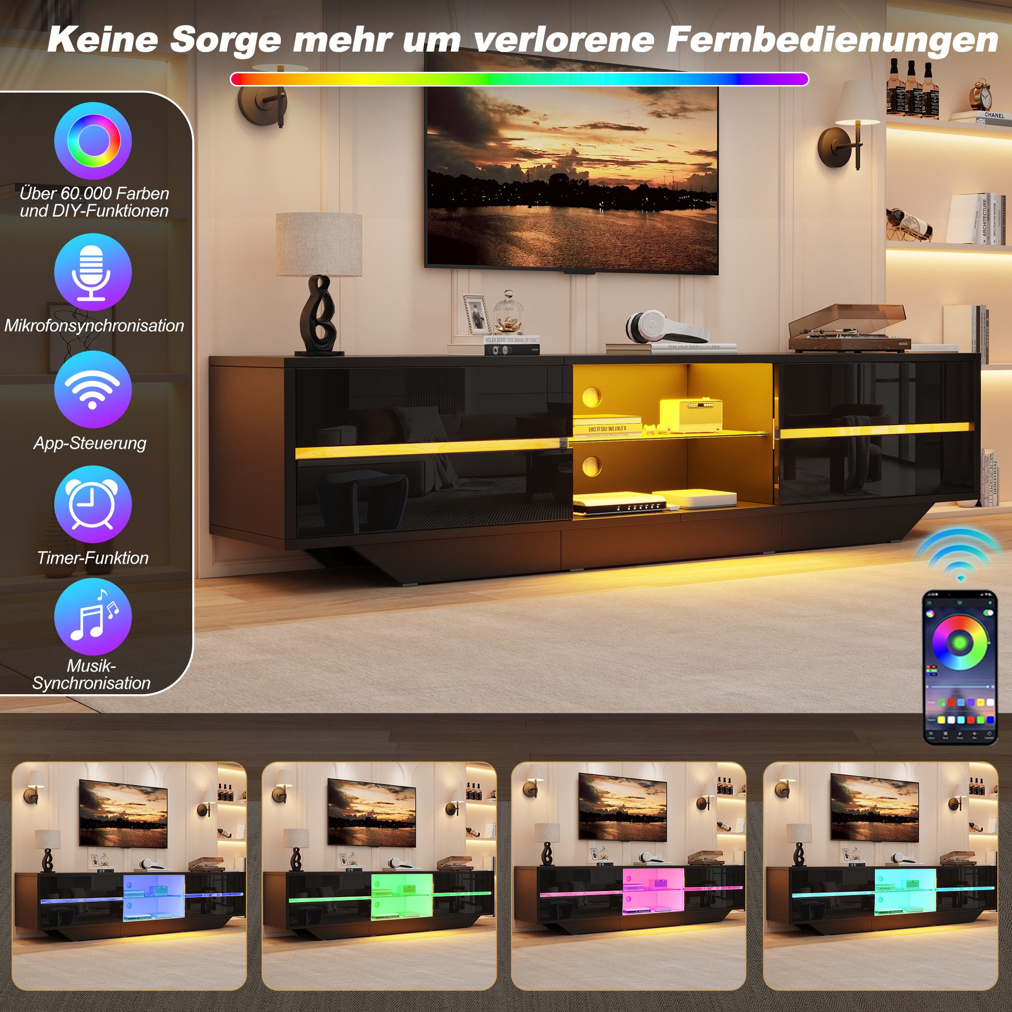 STILVORA Lowboard Hochglanz-TV-Schrank mit LED-Leuchten Fernsehschrank bis 65 Zoll