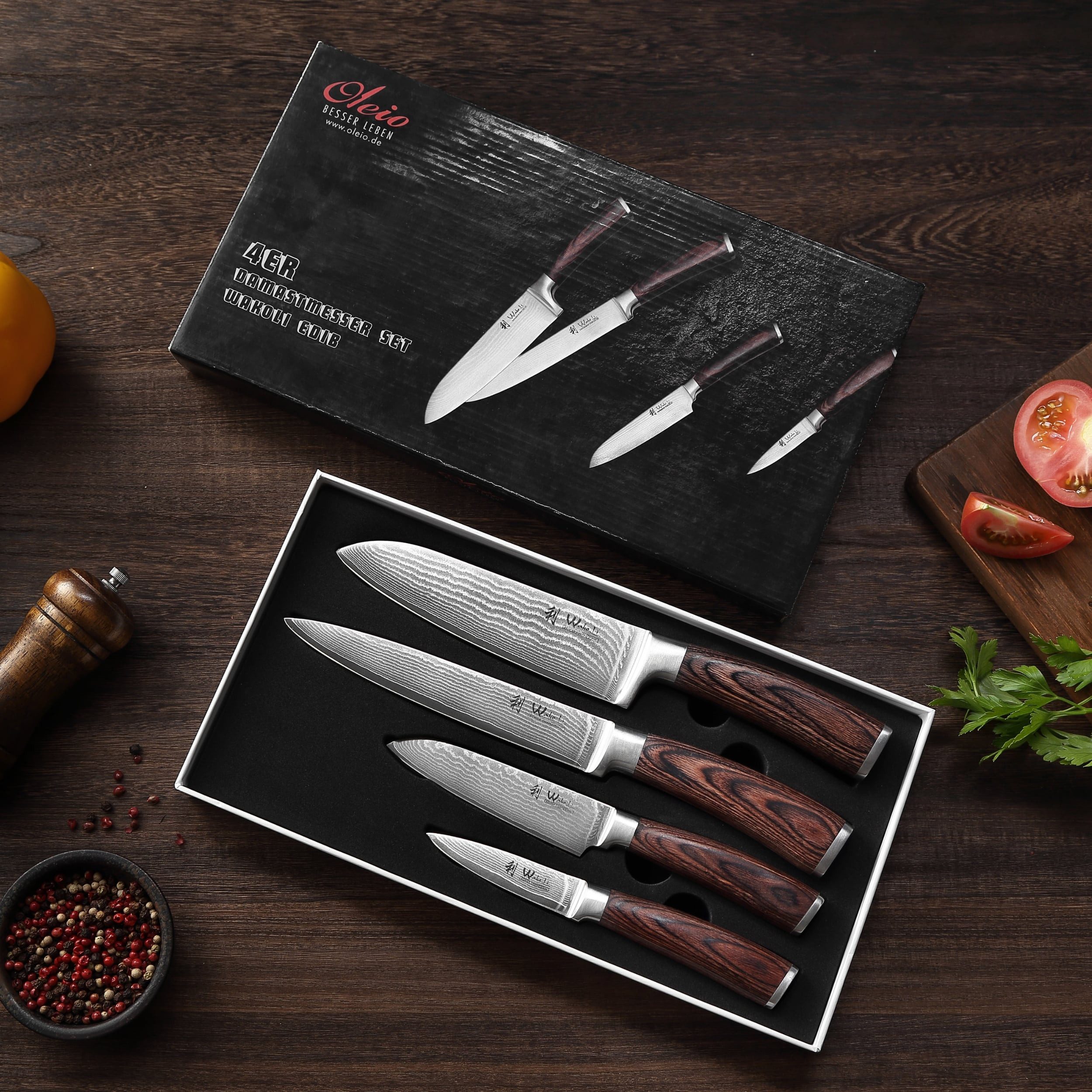 Wakoli Messer-Set Edib 4er Damastmesser-Set I Kochmesser Küchenmesser 8 bis 18cm Klingen (Damastmesser mit Geschenkbox, 4-tlg., 4er Damastmesser-Set), Aus 67 Lagen Damaststahl, VG10 Kern, Pakkaholzgriff, inkl. Geschenkbox