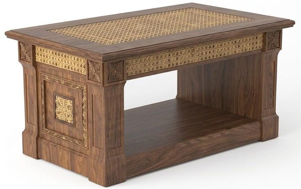 JVmoebel Couchtisch Klassischer Couchtisch Nussbaumholz Rattan Goldenen Verzierungen (1-St., 1-tlg), Goldene Verzierungen