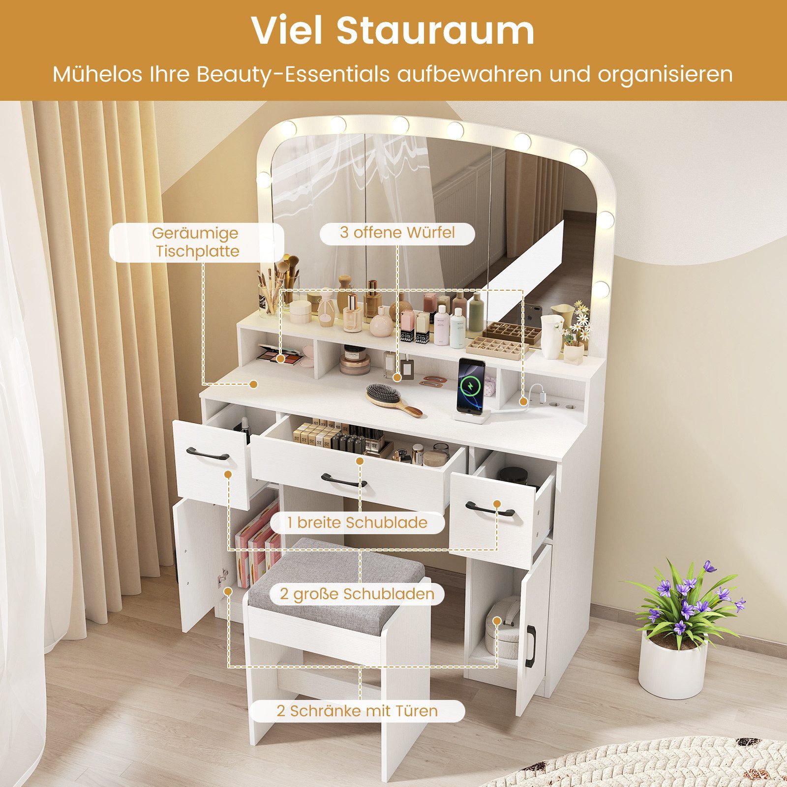 COSTWAY Schminktisch, Frisiertisch, mit Hocker, LED-Spiegel, Ladestation günstig online kaufen