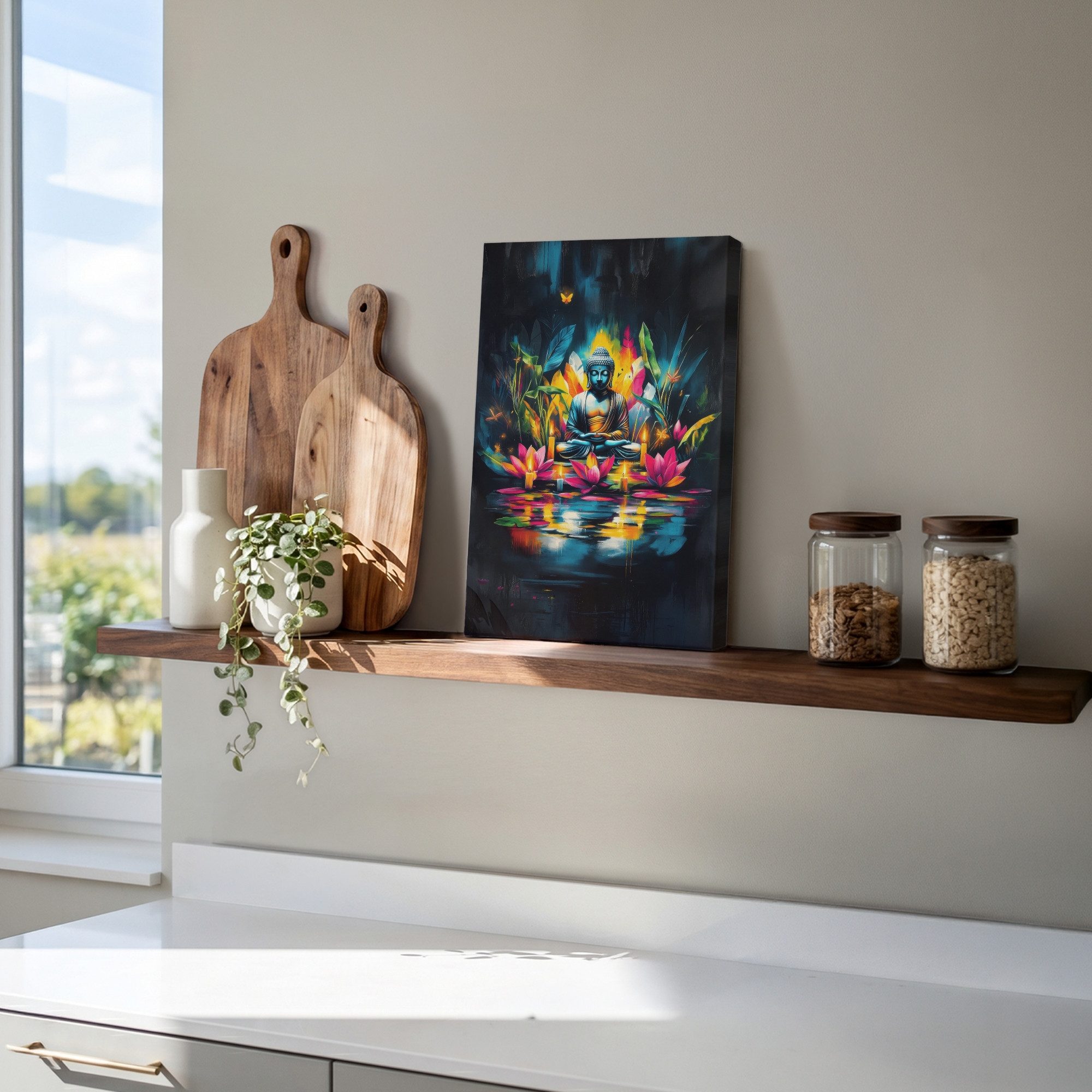 OneMillionCanvasses® Leinwandbild Kerzen - Blumen - Buddha - Wasser, Fotodruck (1 St), Leinwand Canvas Wandbild, Wanddekoration 20x30 cm – Bild 5 von 5