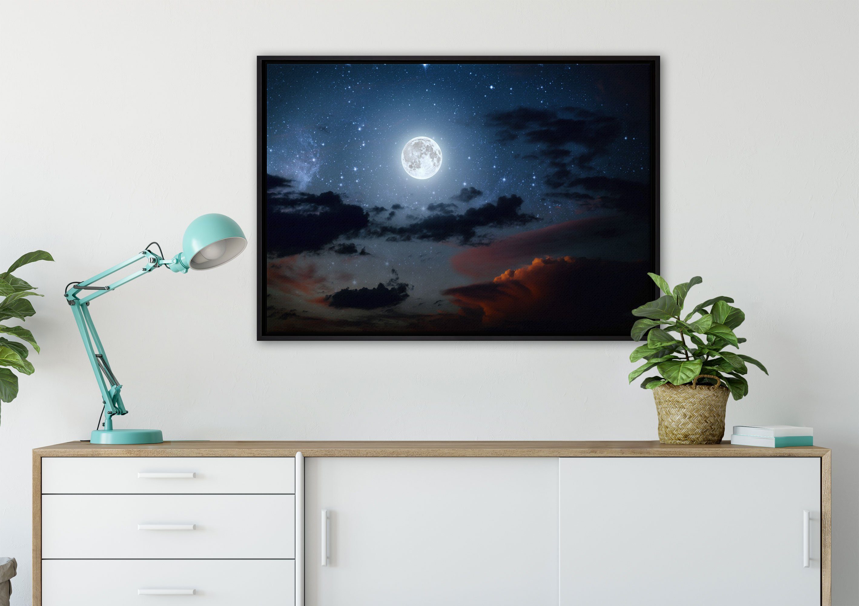 Zackenaufhänger am in (1 inkl. bespannt, gefasst, Wanddekoration Nachthimmel, Schattenfugen-Bilderrahmen St), einem Leinwandbild Leinwandbild Leuchtender fertig Mond Pixxprint