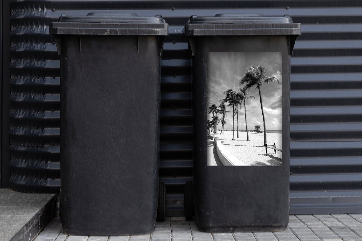 St), (1 Wandsticker und Strand - Miami Mülltonne, Palmen Container, Mülleimer-aufkleber, weiß Sticker, von am schwarz Abfalbehälter Beach MuchoWow