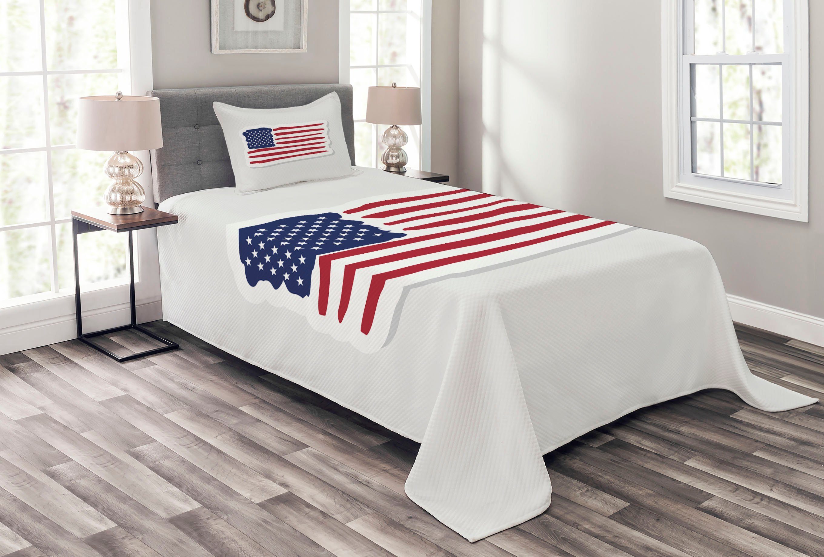 Tagesdecke Set mit Kissenbezügen Waschbar, Abakuhaus, 4. Juli American Flag-Bild