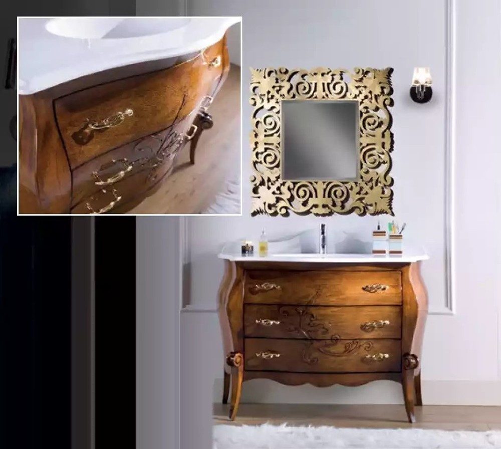 JVmoebel Waschbeckenschrank Waschtisch Set Italienischer Stil für Ihr Badezimmer (2-St., 1x Kommode mit Waschbecken + 1x Spiegel) Made in Europa