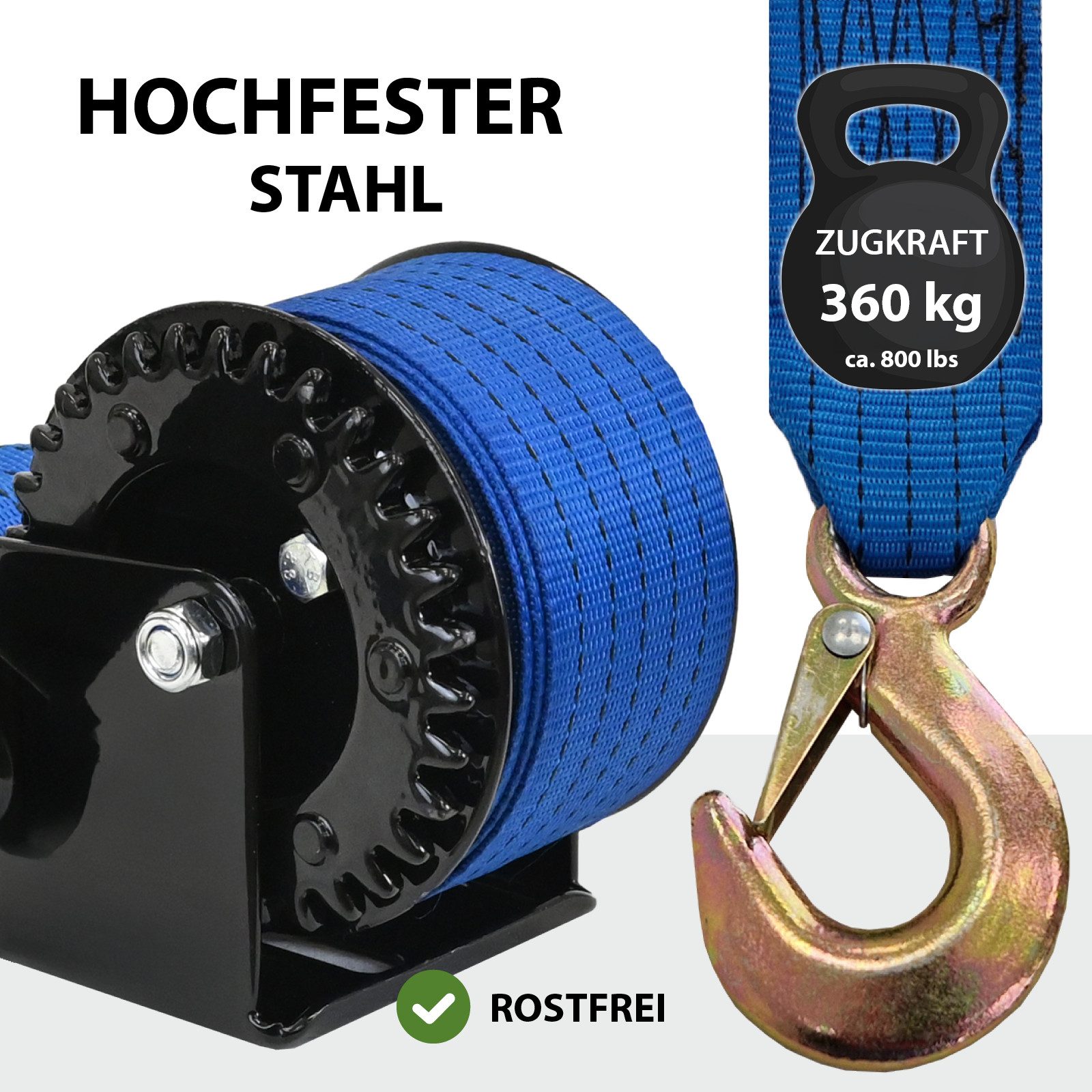 TRUTZHOLM Winde Gurtwinde 360 kg Gurtlänge 8 m Gurtbreite 5 cm mit Lasthaken, (1-St), Lasthaken mit Tropfenöffnung, Sperrhebel