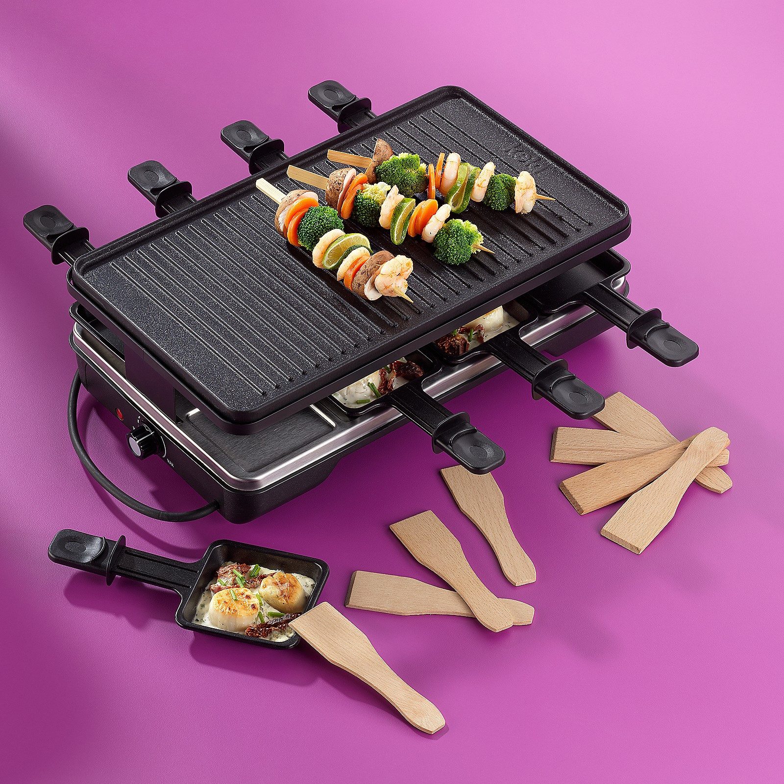 kela Raclette Geneva, 8 Raclettepfännchen, 8 Personen, drehbare Grillplatte, stufenlos regulierbar, 2m Kabel