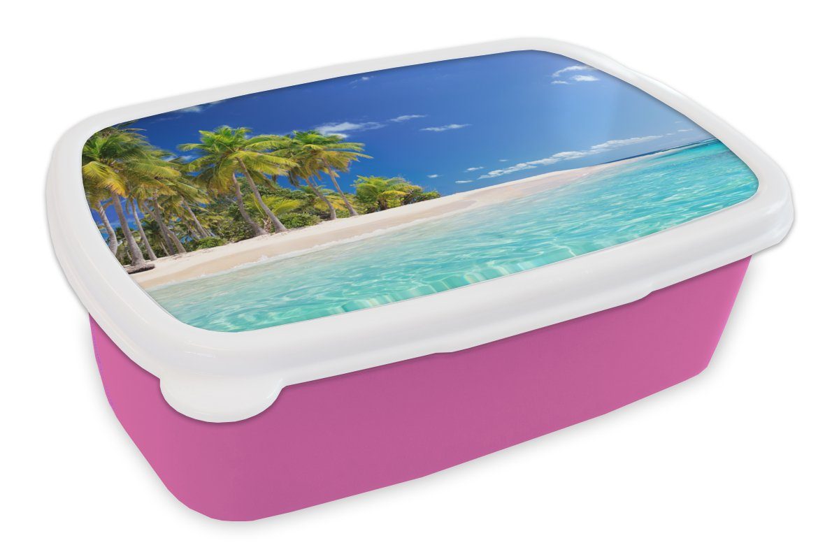 MuchoWow Lunchbox Strand - Meer - Palme - Sonne - Sommer, Kunststoff, (2-tlg), Brotbox für Erwachsene, Brotdose Kinder, Snackbox, Mädchen, Kunststoff rosa | Lunchboxen