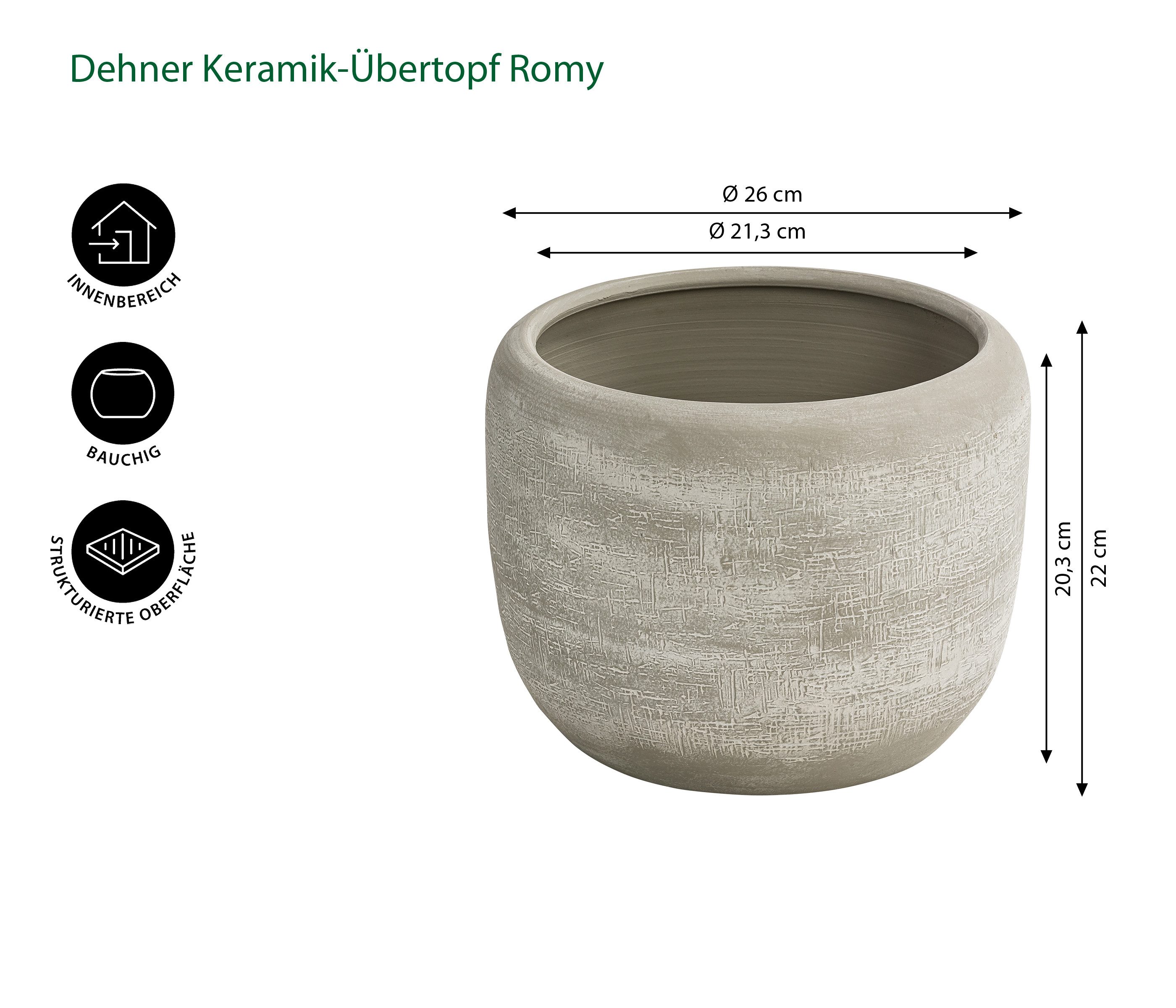 Dehner Übertopf Romy, Ø 24 - 29 cm, Höhe 20 - 26 cm, rund, Keramik, Übertop günstig online kaufen