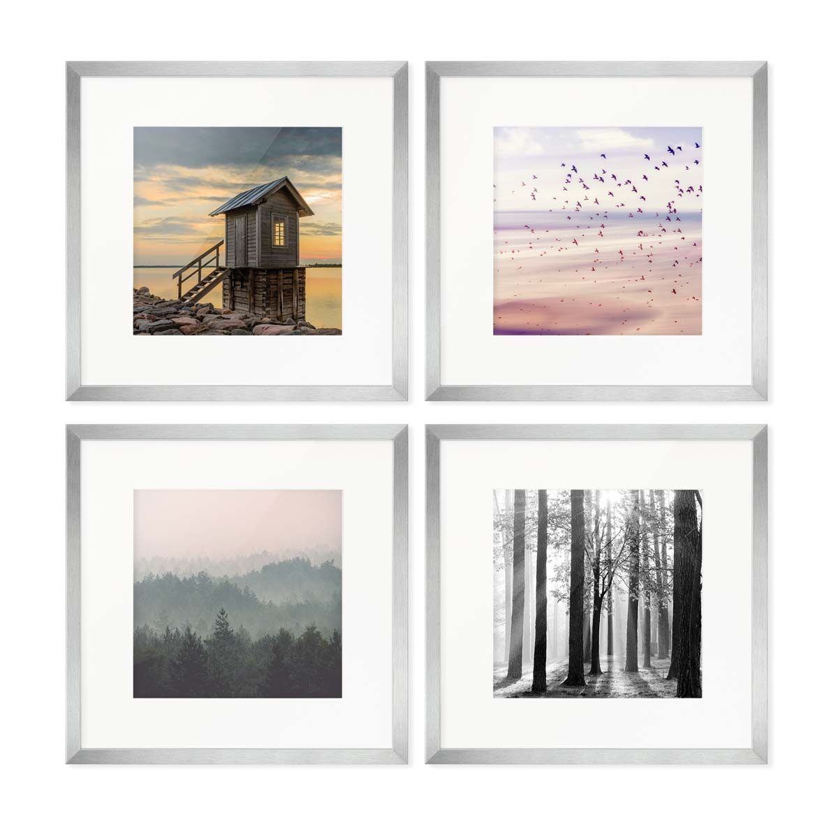 PHOTOLINI Bilderrahmen Sets quadratisch 30x30 cm aus MDF Holz mit Acrylglas & Zubehör, für 4 Bilder (4er Set), 4er Set Silber mit Passepartouts für Bilder in 20x20 cm