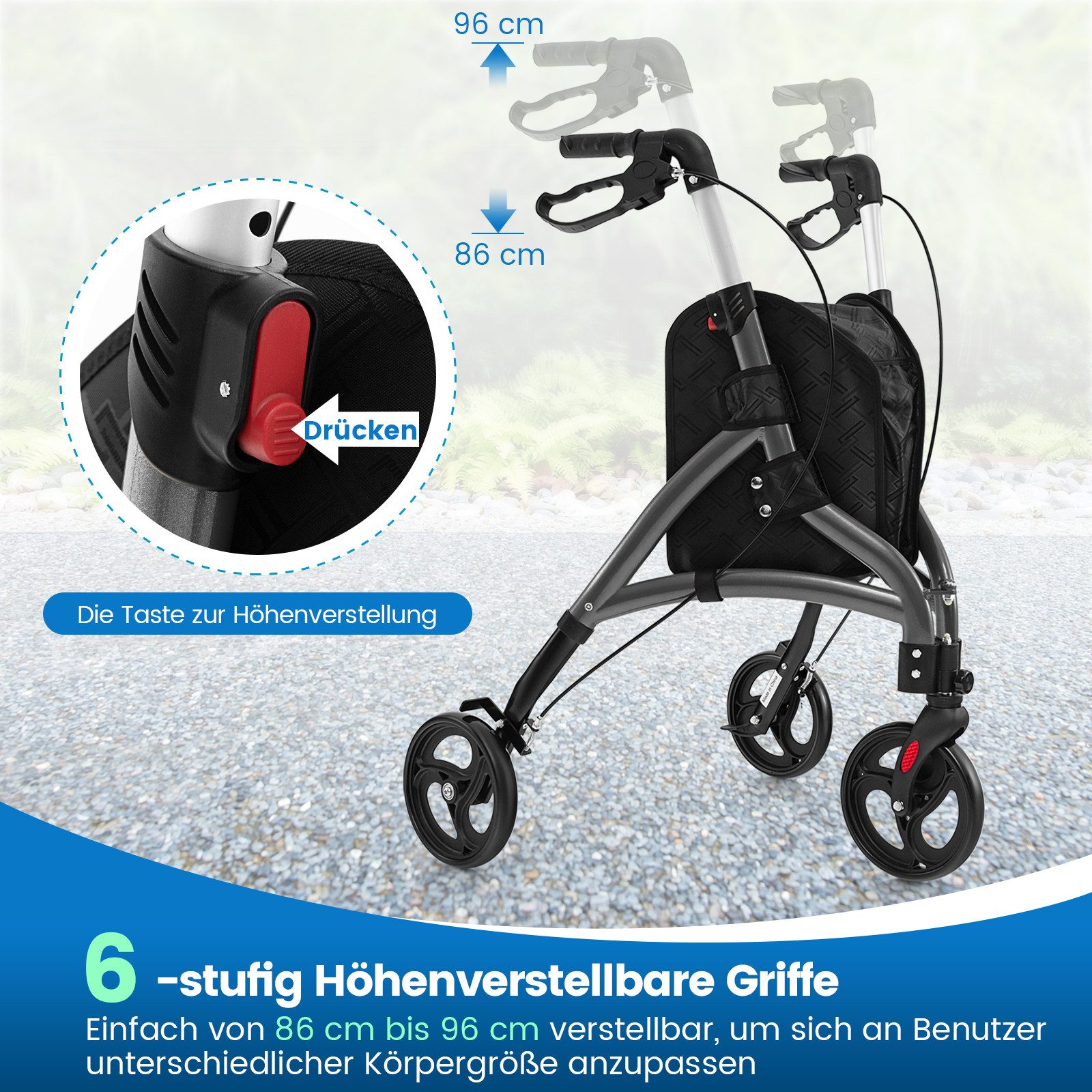 COSTWAY Rollator, Leicht und faltbar, mit großen Rädern, bis 150 kg