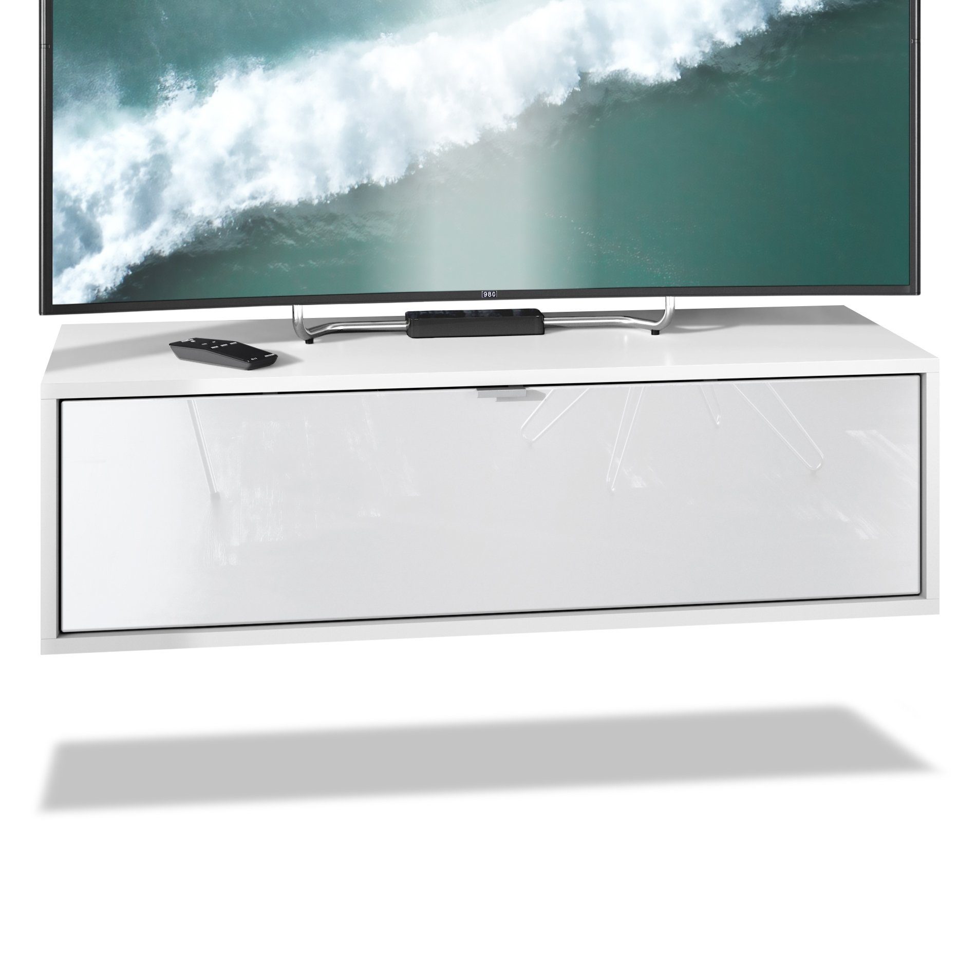 Vladon Lowboard Lana 1000 (TV-Kommode, mit Klappe), Weiß matt/Weiß Hochglanz (100 x 29 x 37 cm)