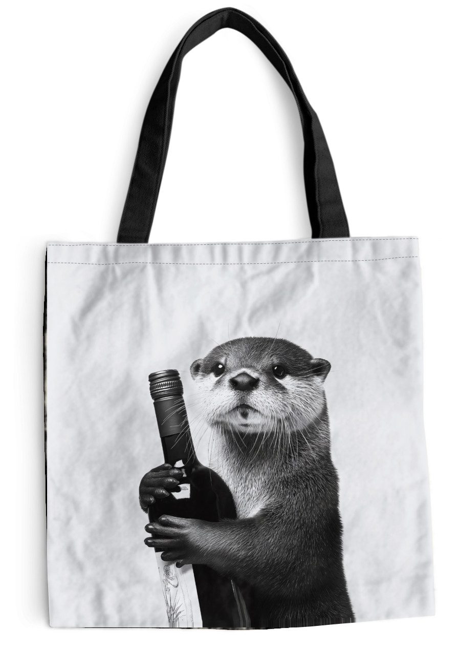 MuchoWow Shopper Weinflasche - Otter - Schwarz, Handtasche, Damen und Herren, Schultertasche, Umhängetasche, Tote Bag